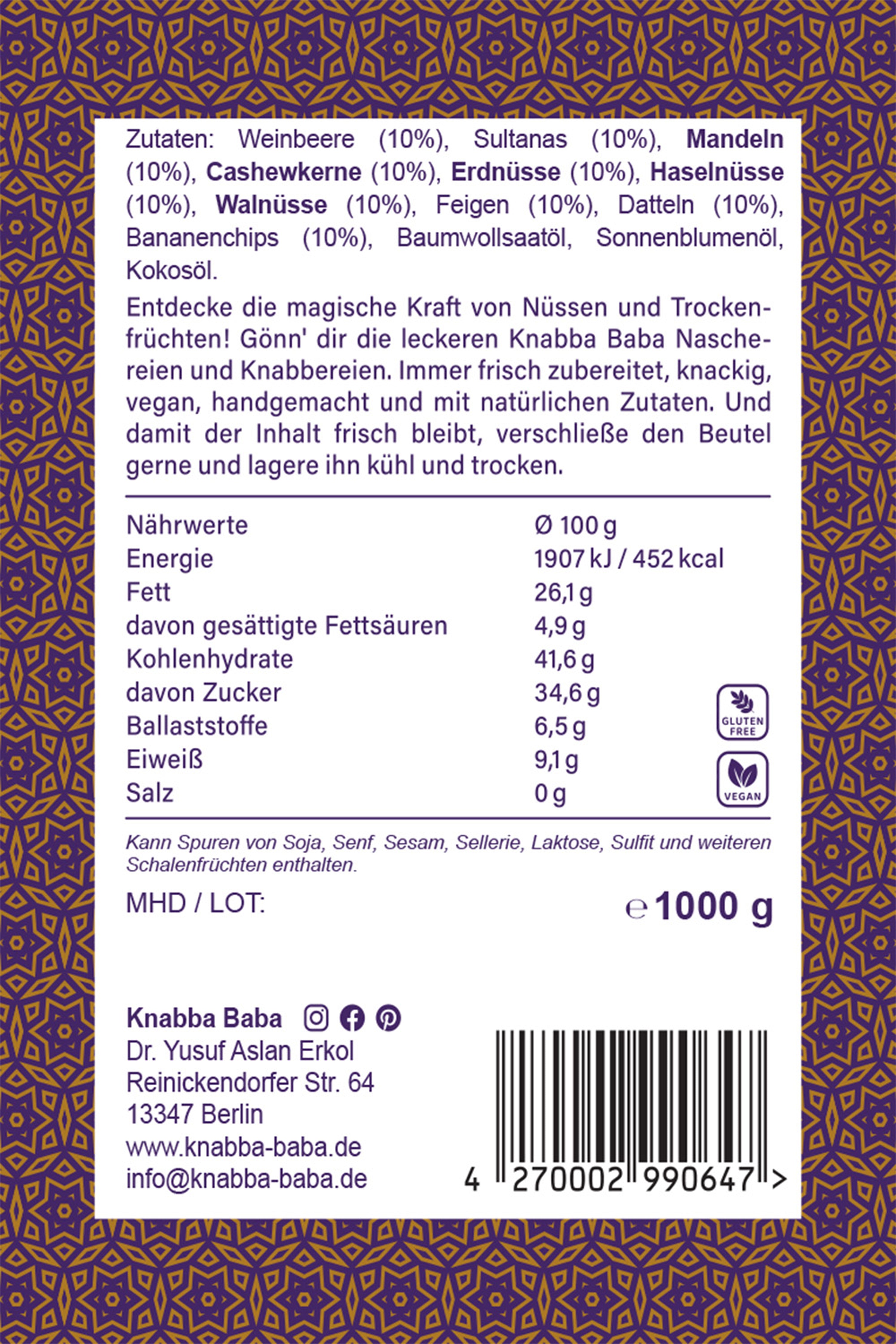 Rückseite der Verpackung von Beeren Nuss-Mix 1000 g mit Inhaltsangaben