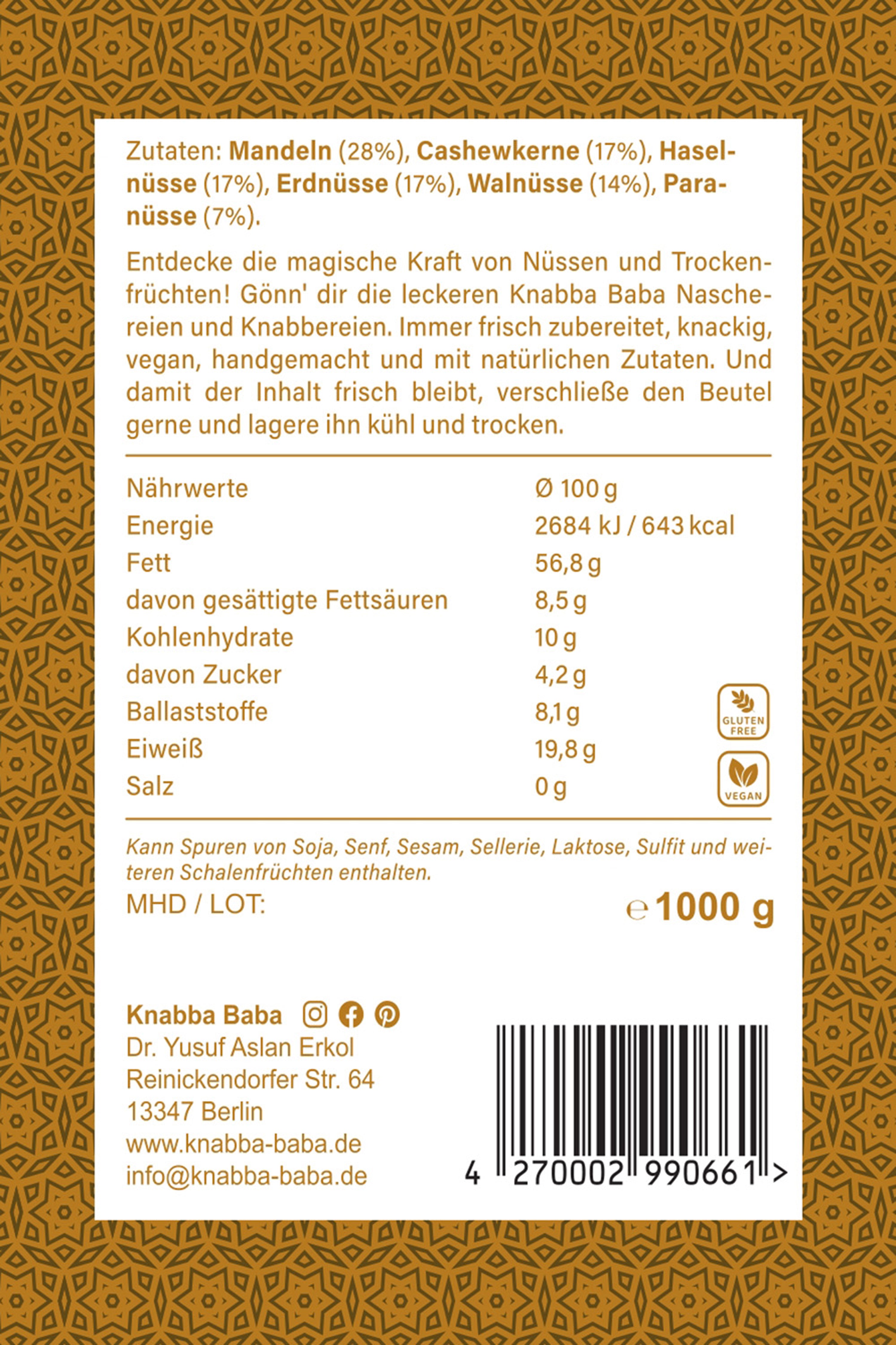 Rückseite der Verpackung von Edelnussmischung 1000 g mit Inhaltsangaben