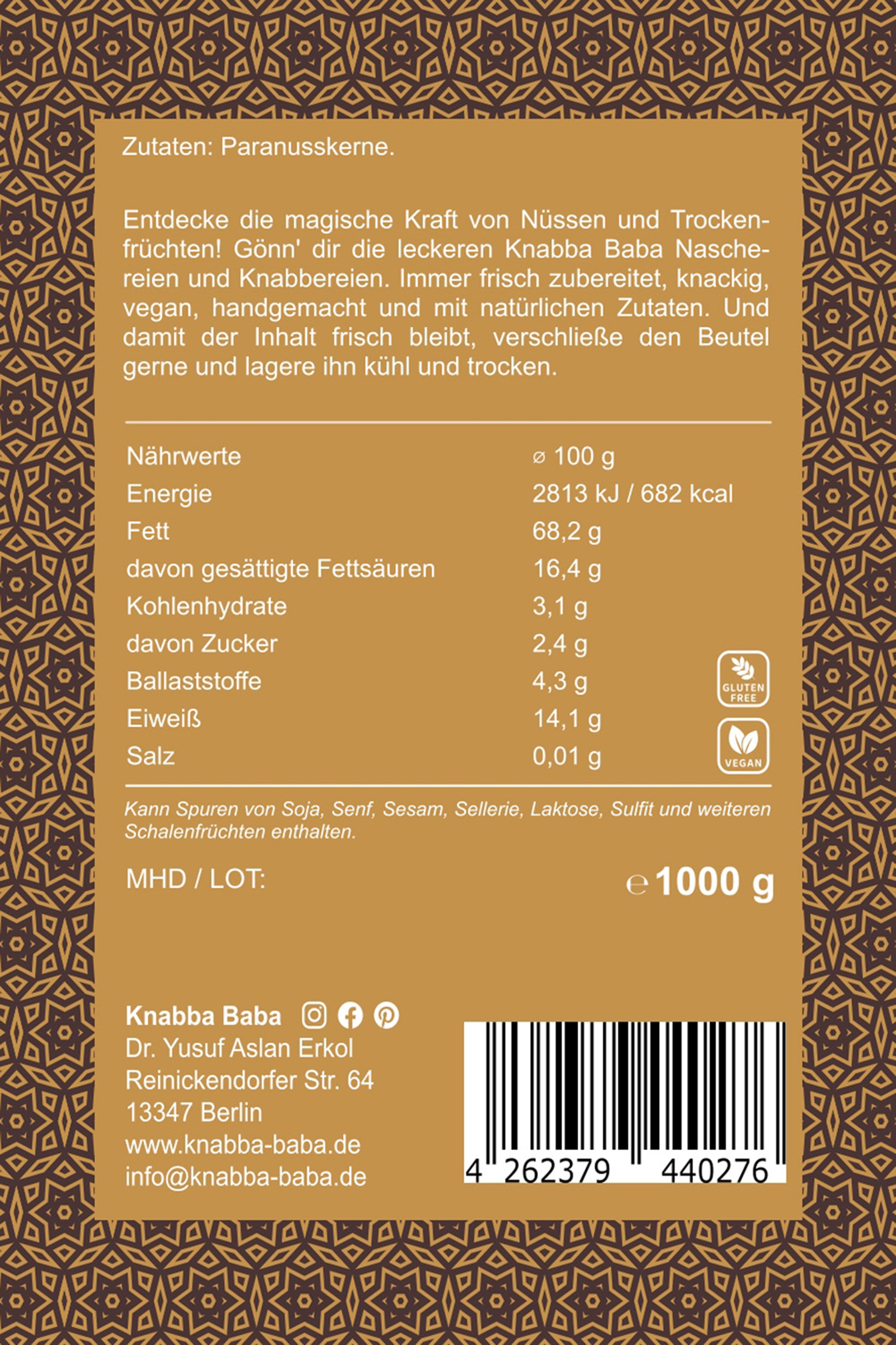 Rückseite der Verpackung von Paranusskerne 1000 g mit Inhaltsangaben