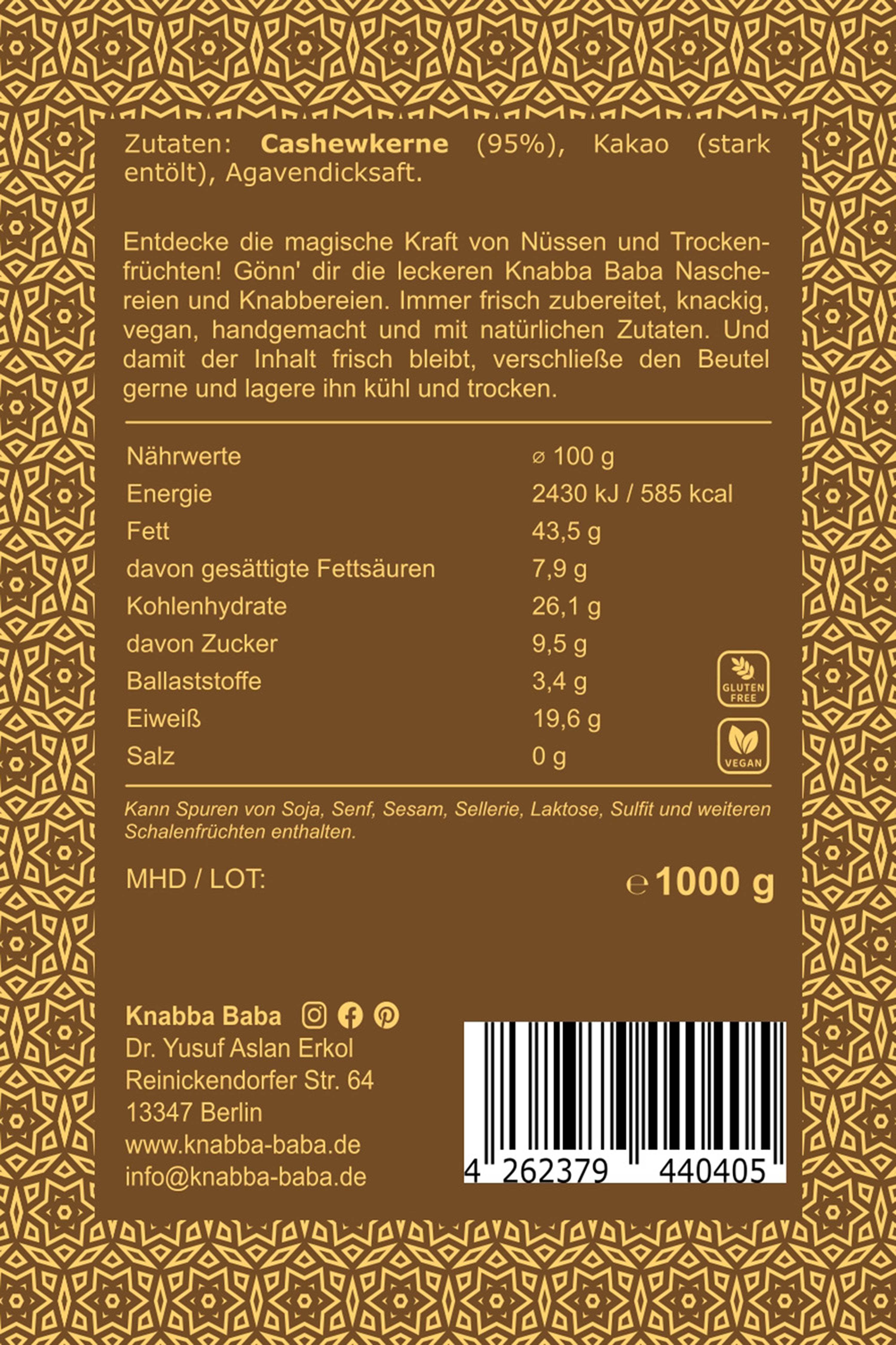 Rückseite der Verpackung von Schoko-Cashewkerne mit Kakao umhüllt 1000 g mit Inhaltsangaben