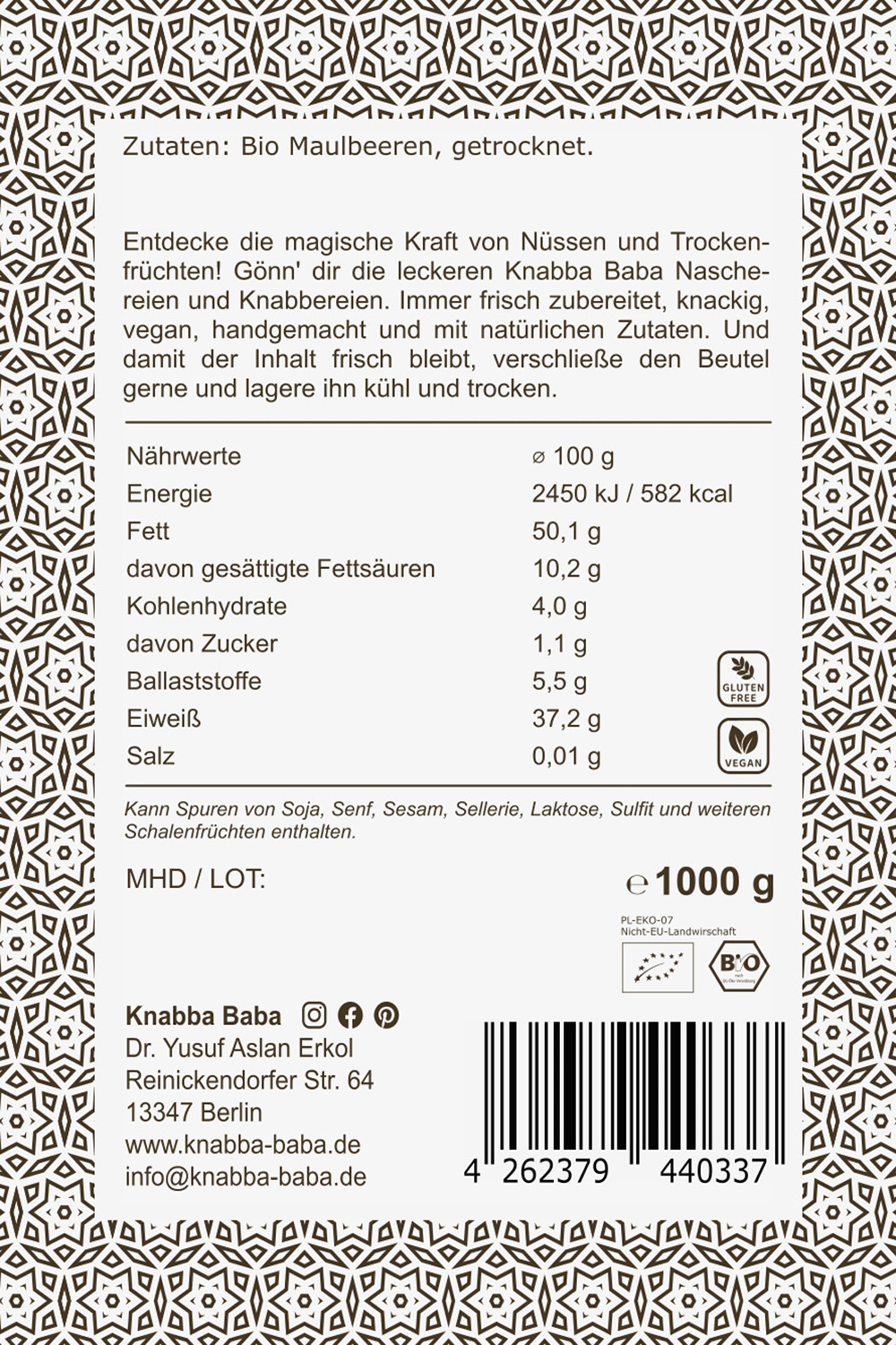 Rückseite der Verpackung von Weiße Bio Maulbeeren 1000 g mit Inhaltsangaben