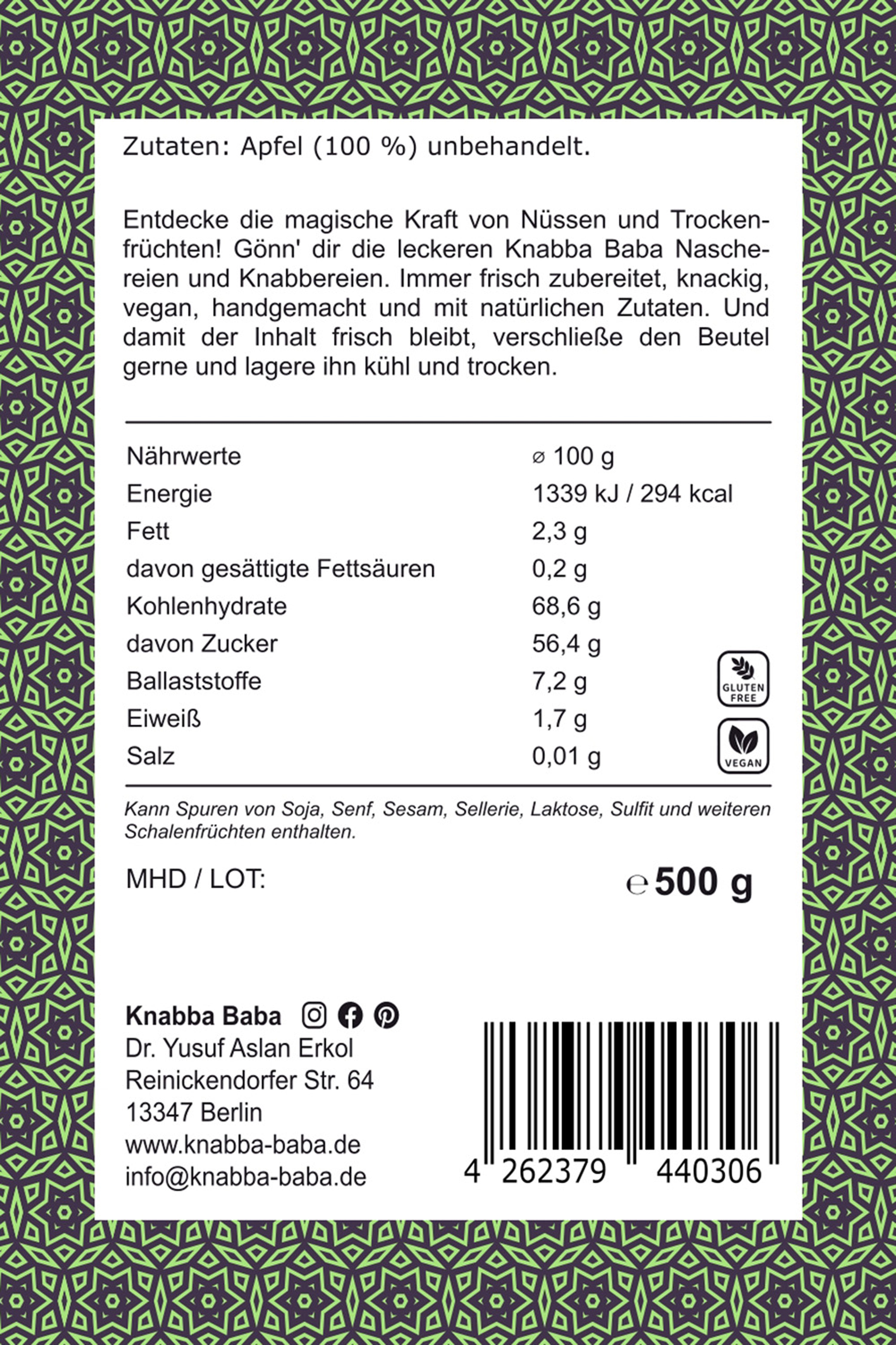 Rückseite der Verpackung von getrocknete Apfelringe 500 g mit Inhaltsangaben