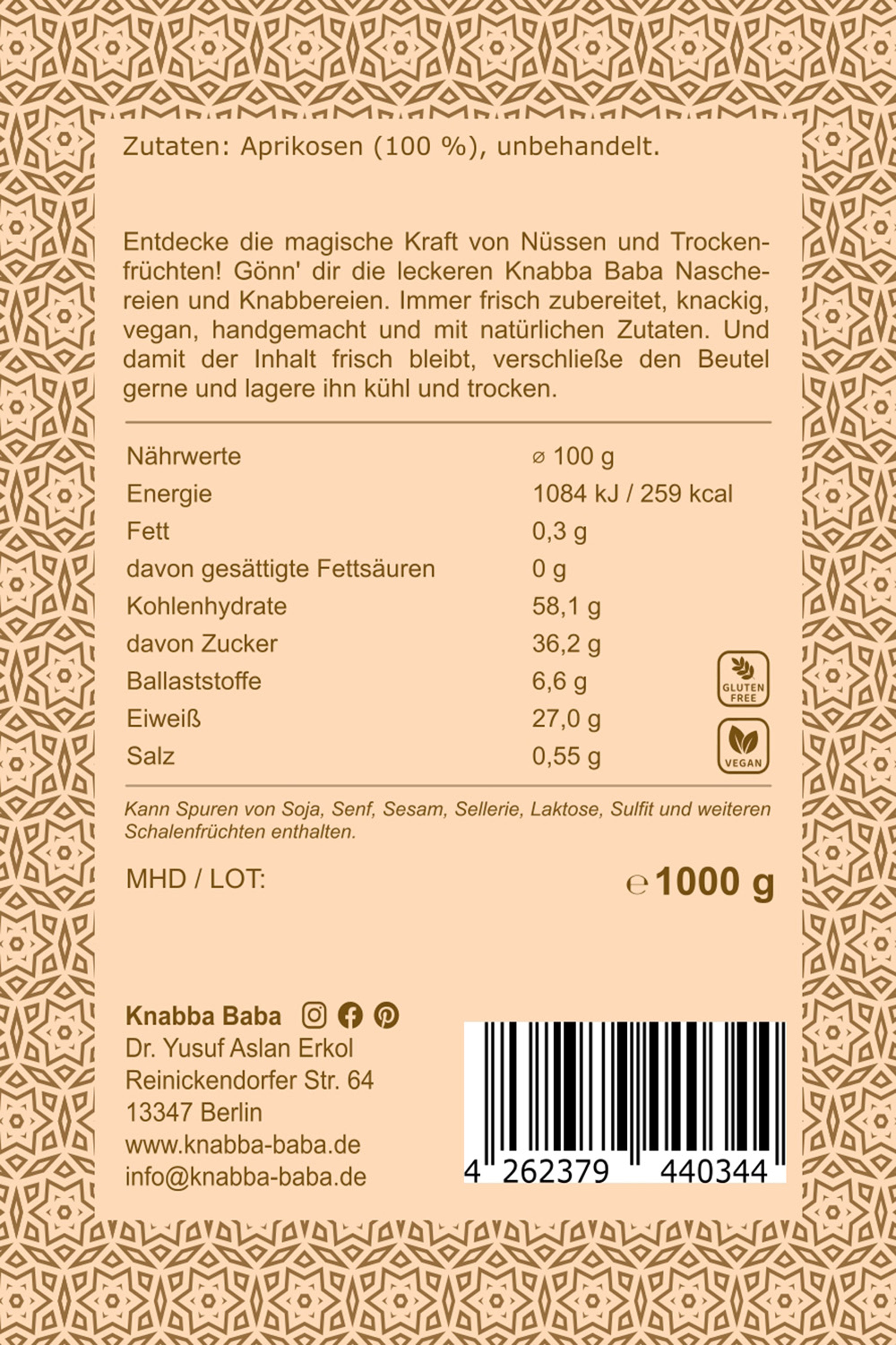 Rückseite der Verpackung von getrocknete Aprikosen 1000 g mit Inhaltsangaben