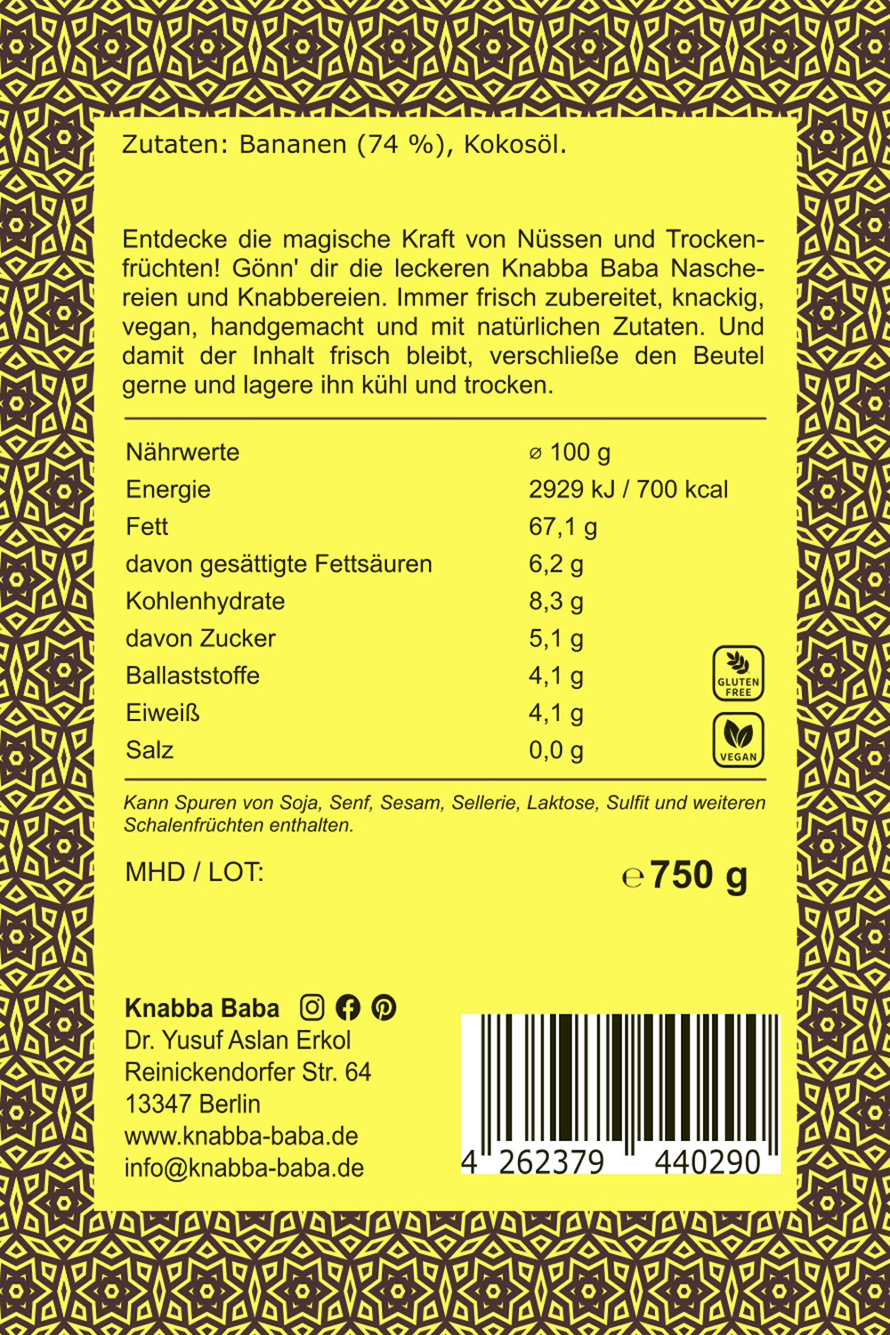 Rückseite der Verpackung von Bananenchips ohne Zucker 750 g mit Inhaltsangaben