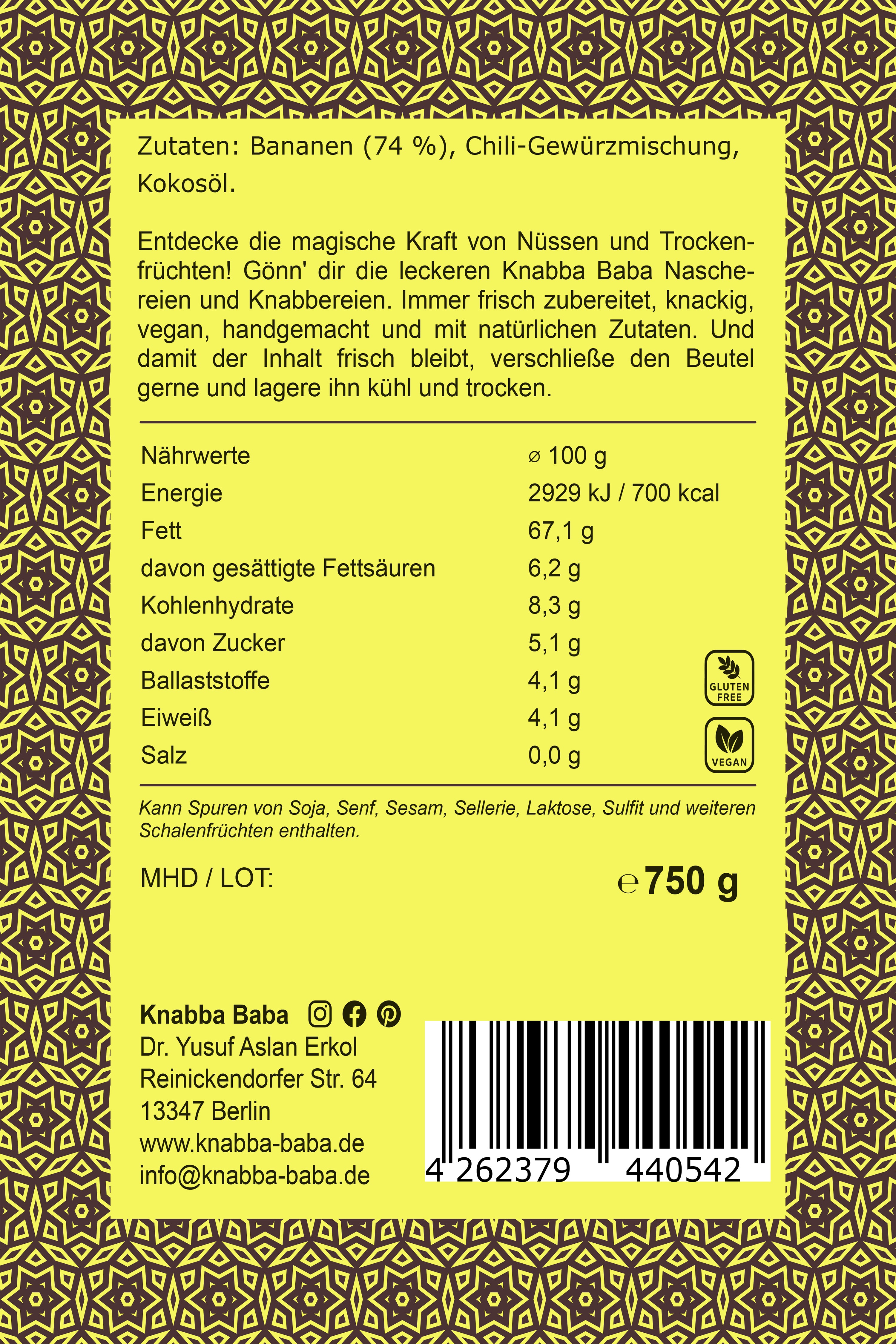 Bananenchips scharf mit Chili-Gewürz 1 kg Produktbeschreibung mit Zutaten