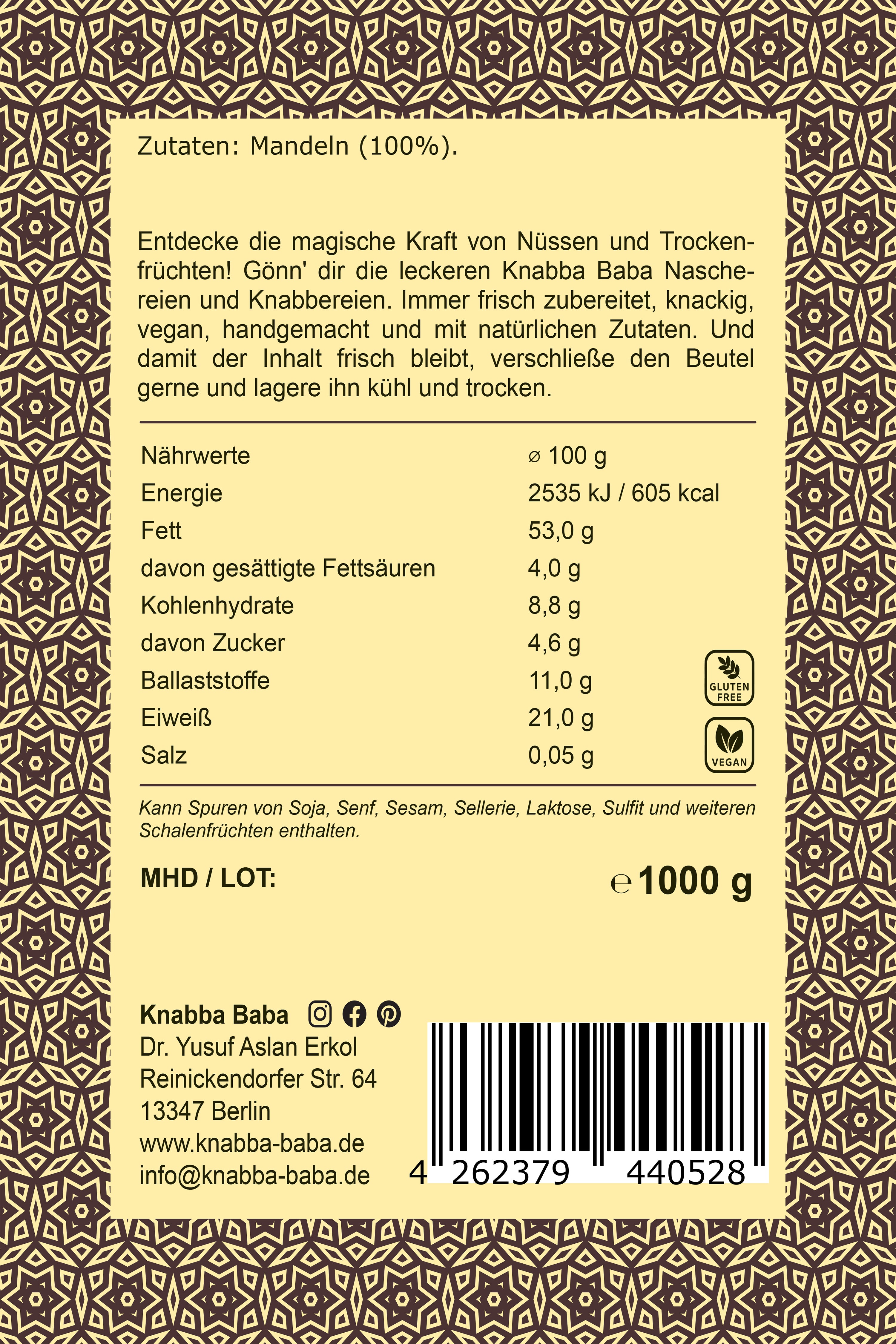 Rückseite der Verpackung von Blanchierte-Mandeln 1 kg