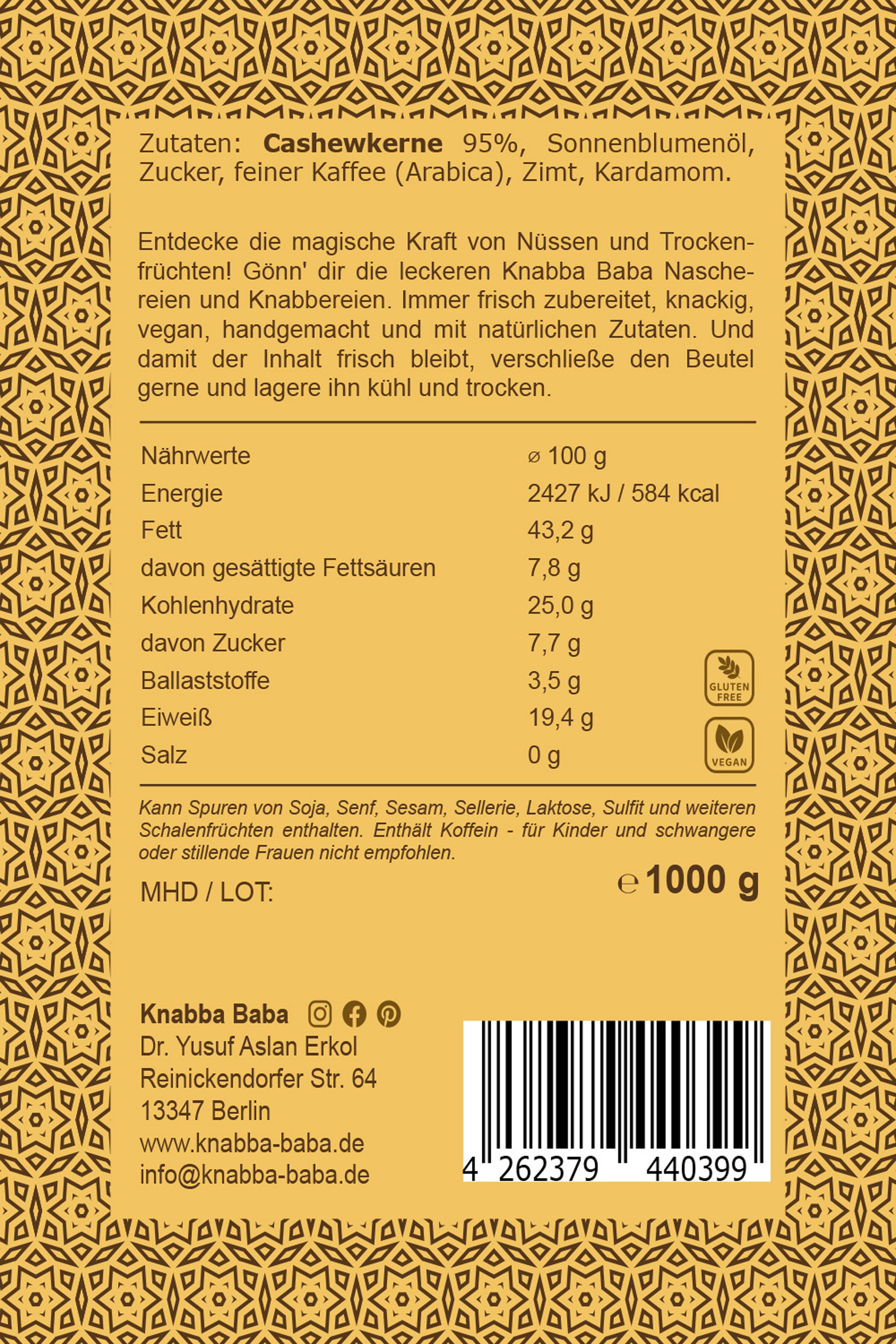 Rückseite der Verpackung von Mokka-Zimt-Kardamom Cashewkerne 1000 g mit Inhaltsangaben