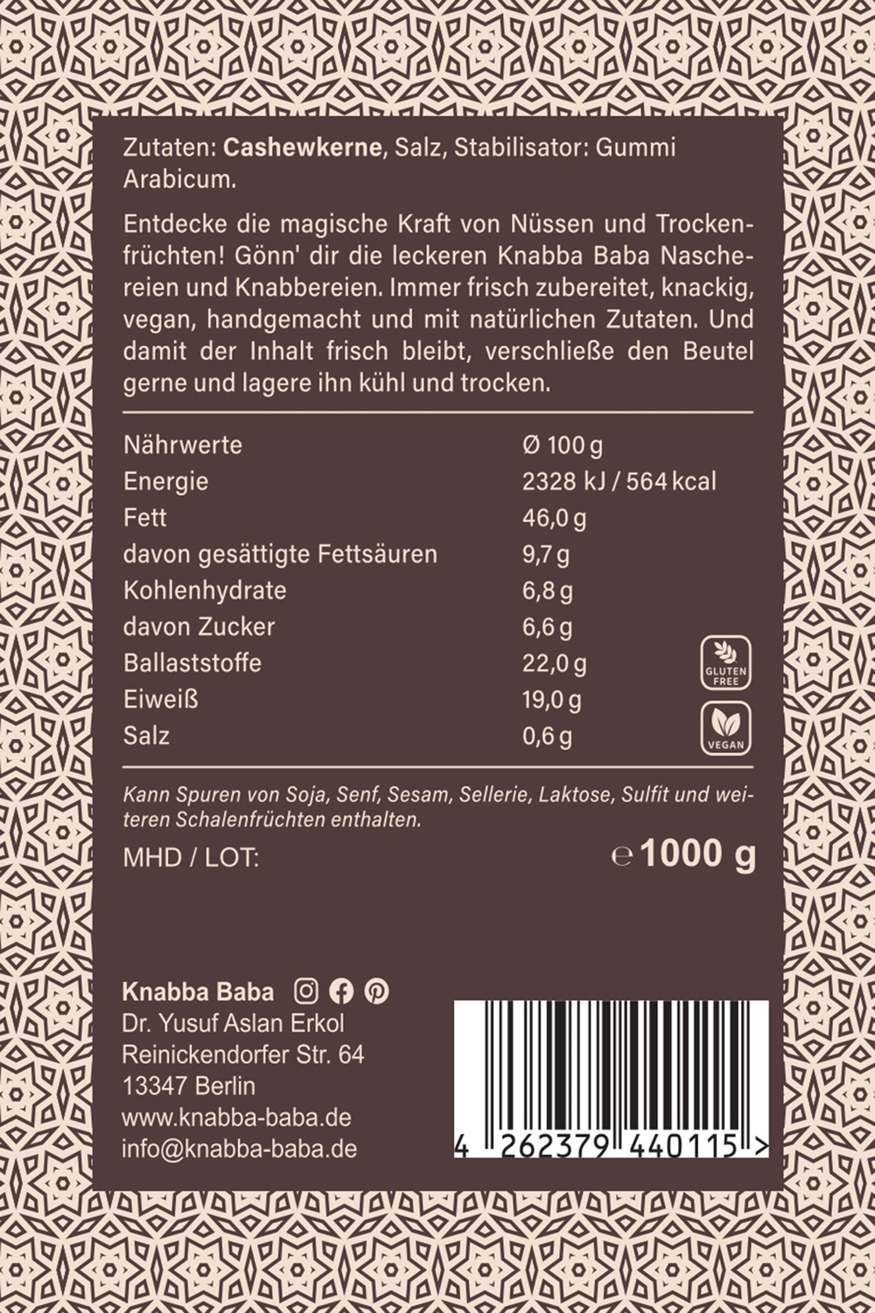 Rückseite der Verpackung von Cashewkerne geröstet und gesalzen 1000 g mit Inhaltsangaben