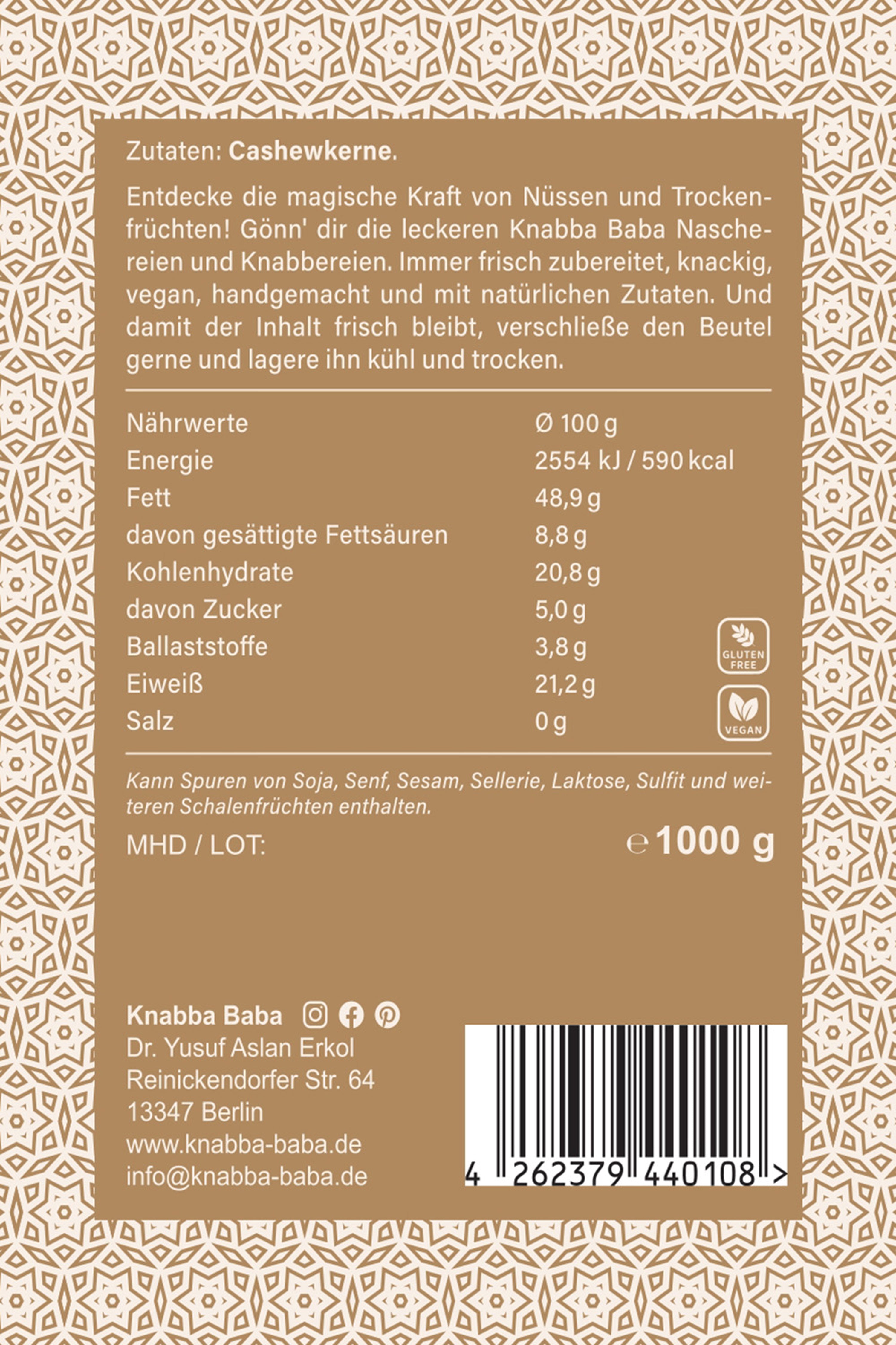 Rückseite der Verpackung von Cashewkerne pur 1000 g mit Inhaltsangaben
