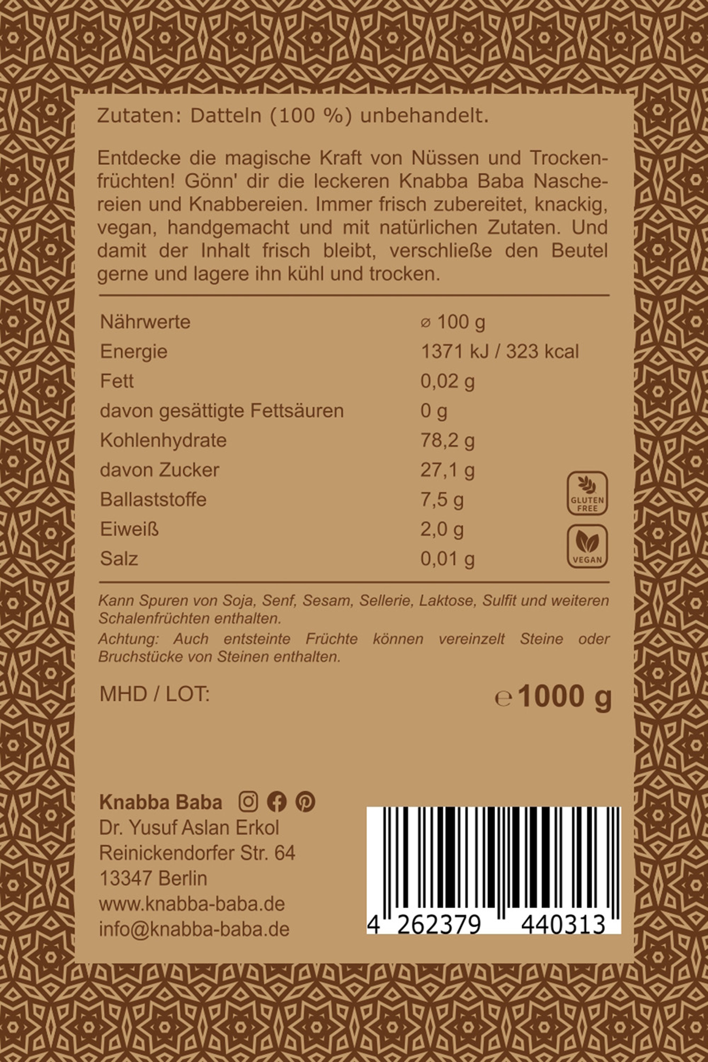Rückseite der Verpackung von Datteln ohne Stein 1000 g mit Inhaltsangaben