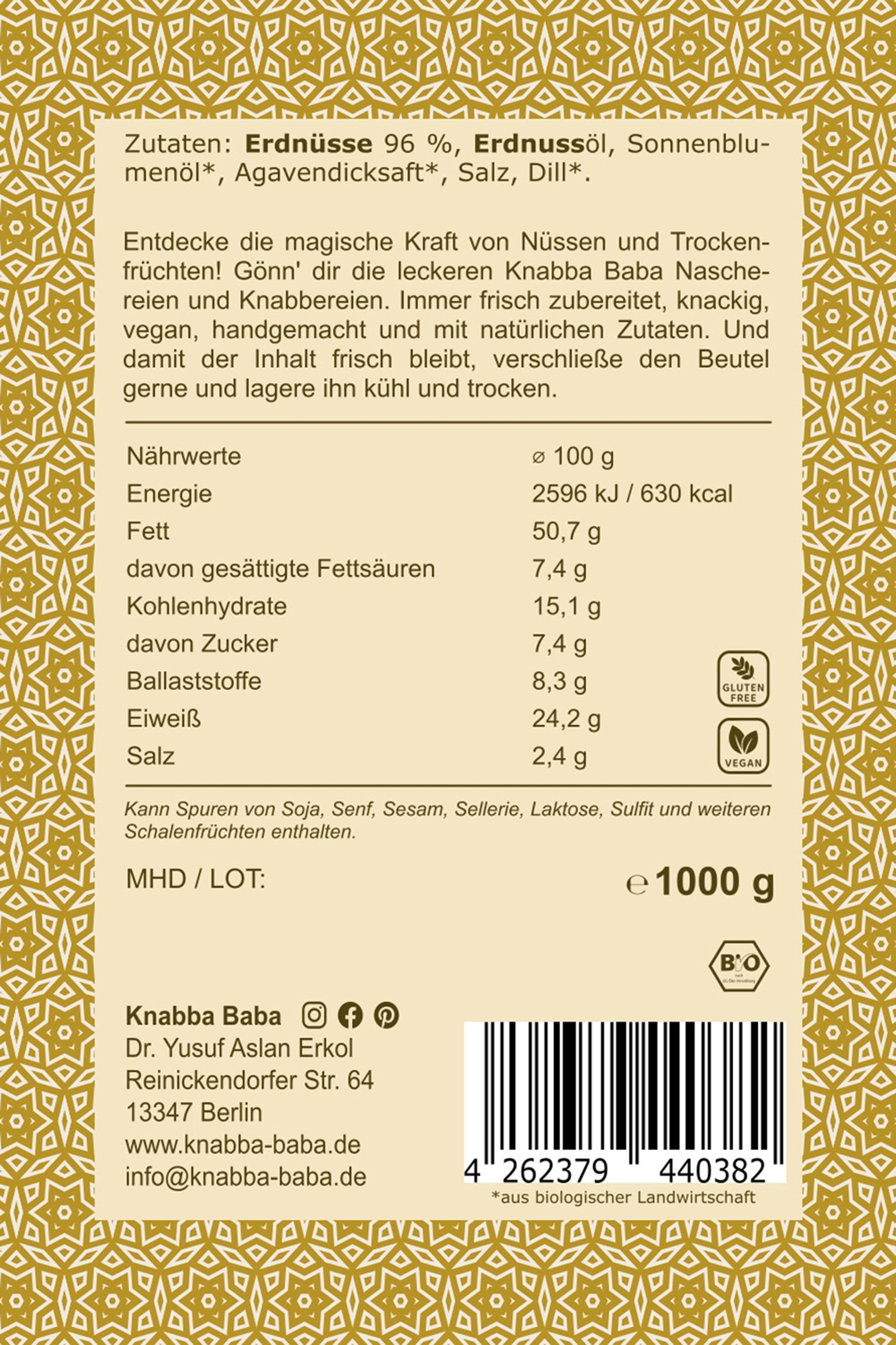 Rückseite der Verpackung von Erdnüsse geröstet mit Dill 1000 g mit Inhaltsangaben