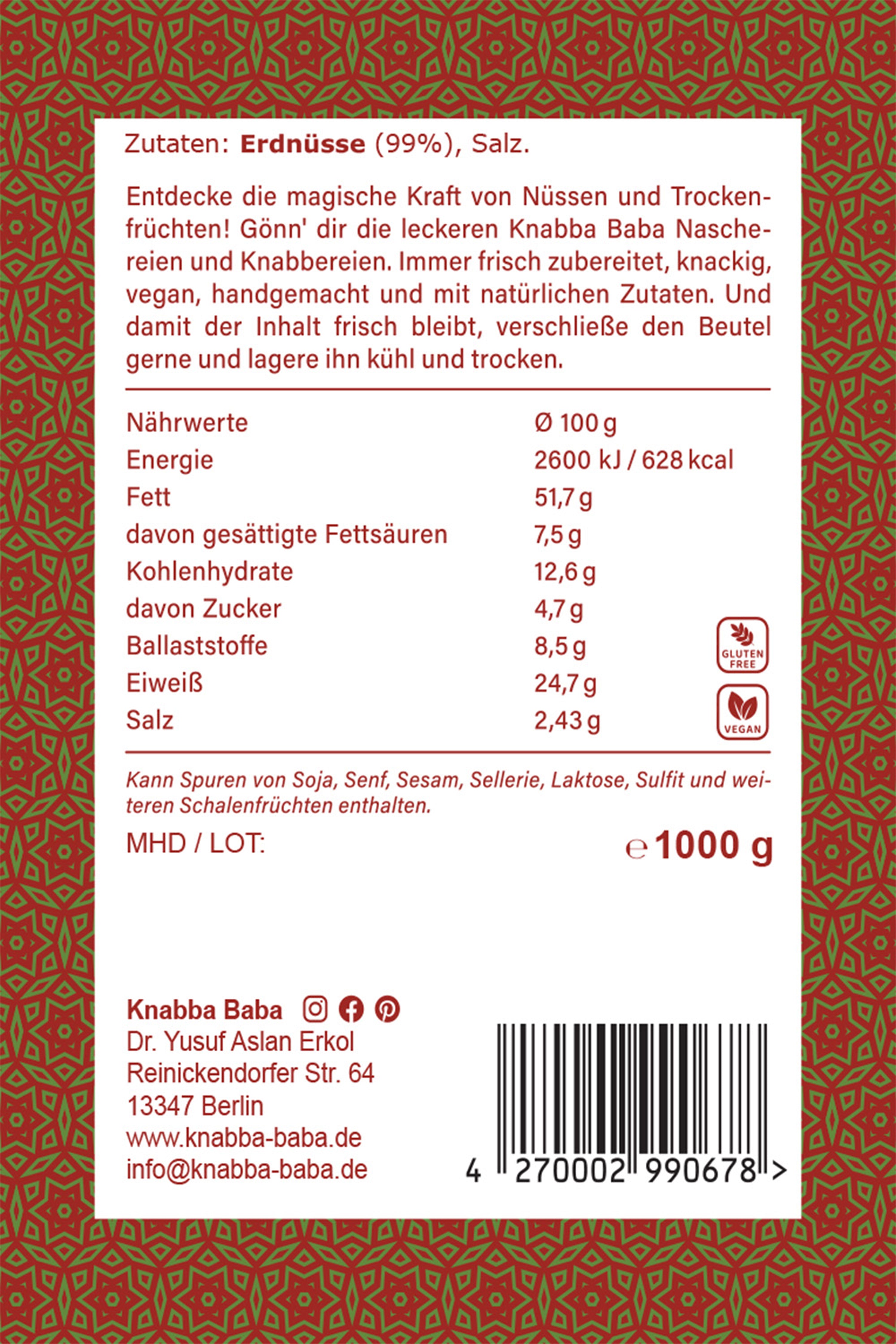 Rückseite der Verpackung von Erdnüsse geröstet und gesalzen 1000 g mit Inhaltsangaben
