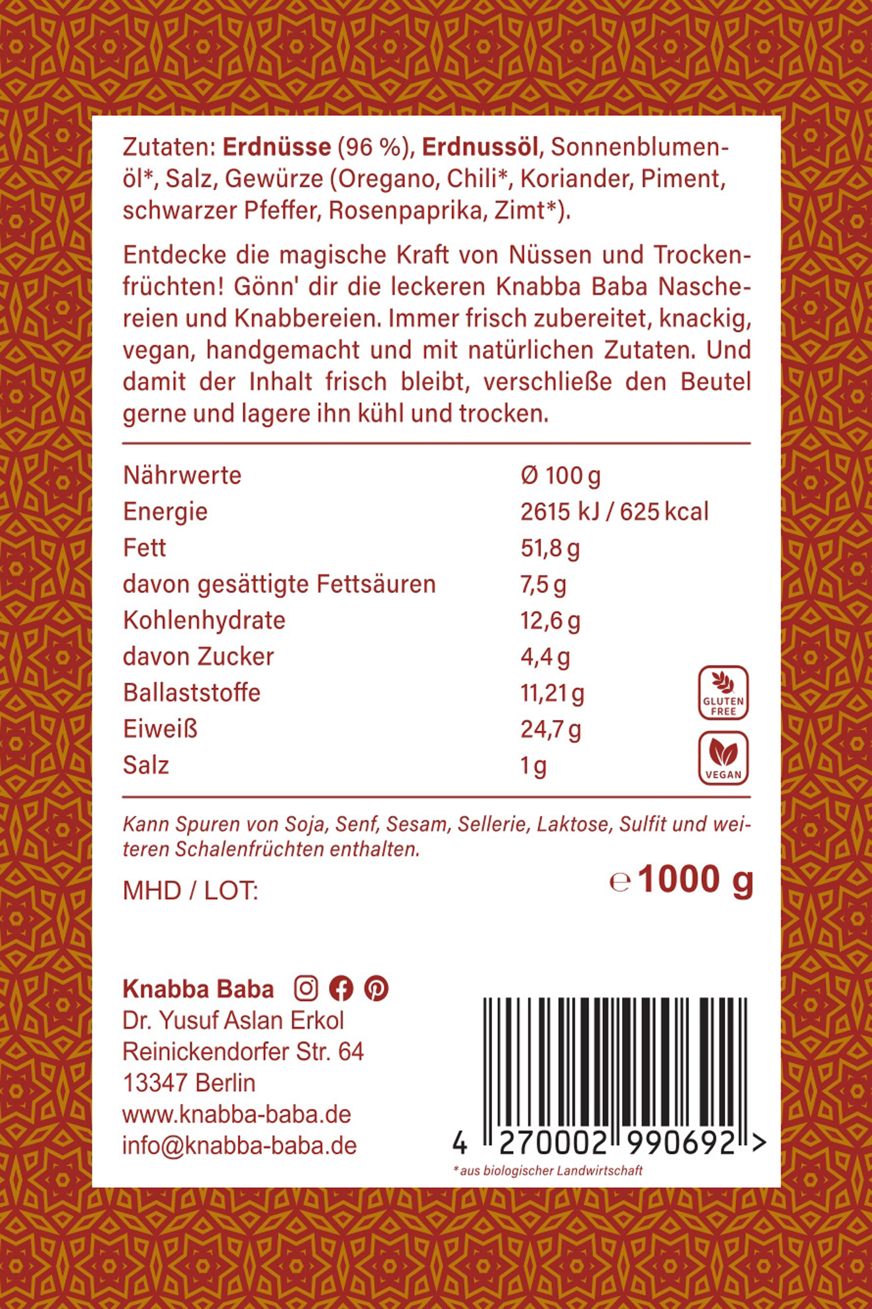 Rückseite der Verpackung von Erdnüsse pikant 1000 g mit Inhaltsangaben