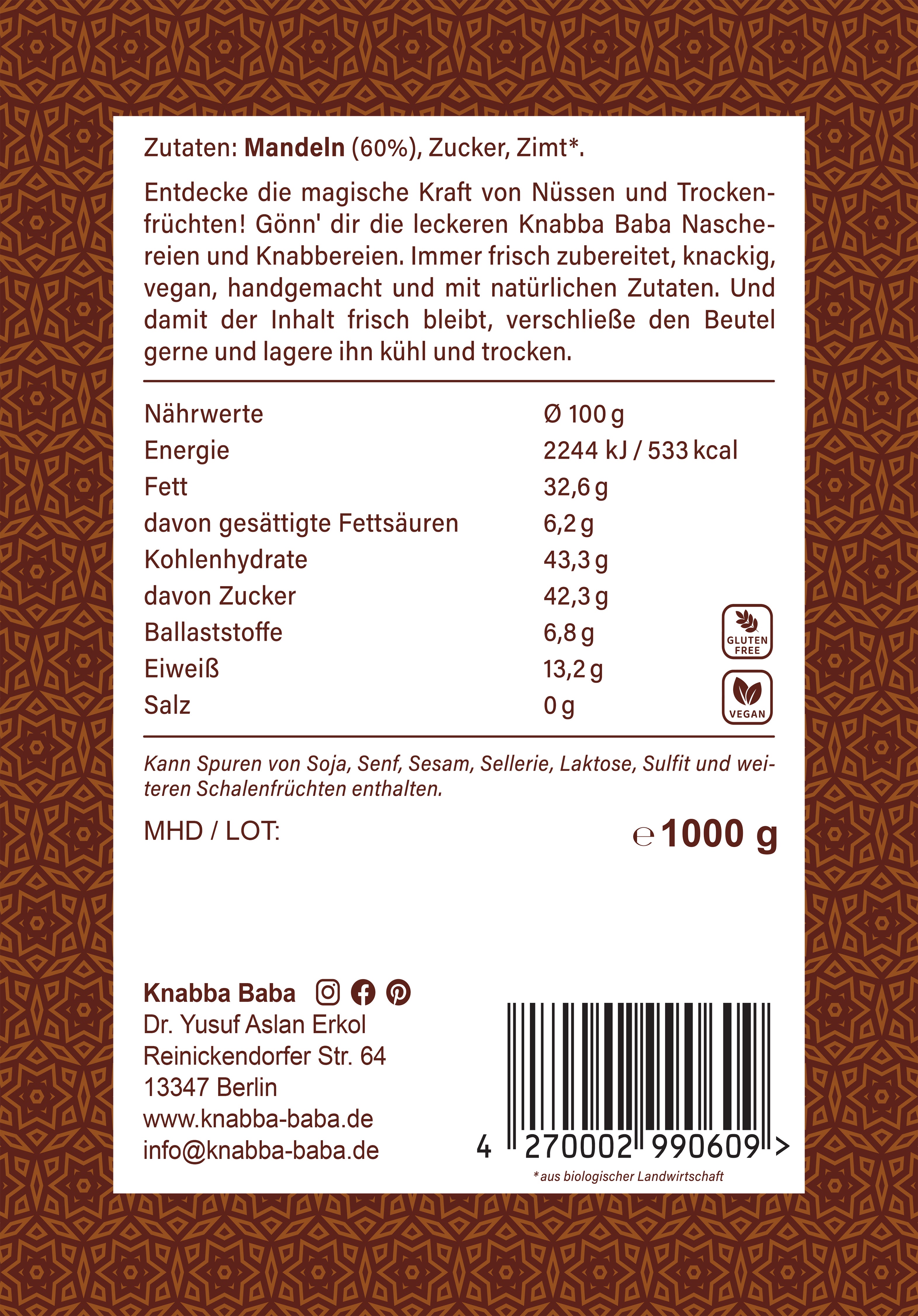Rückseite der Verpackung von Gebrannte Mandeln 1000 g mit Inhaltsangaben