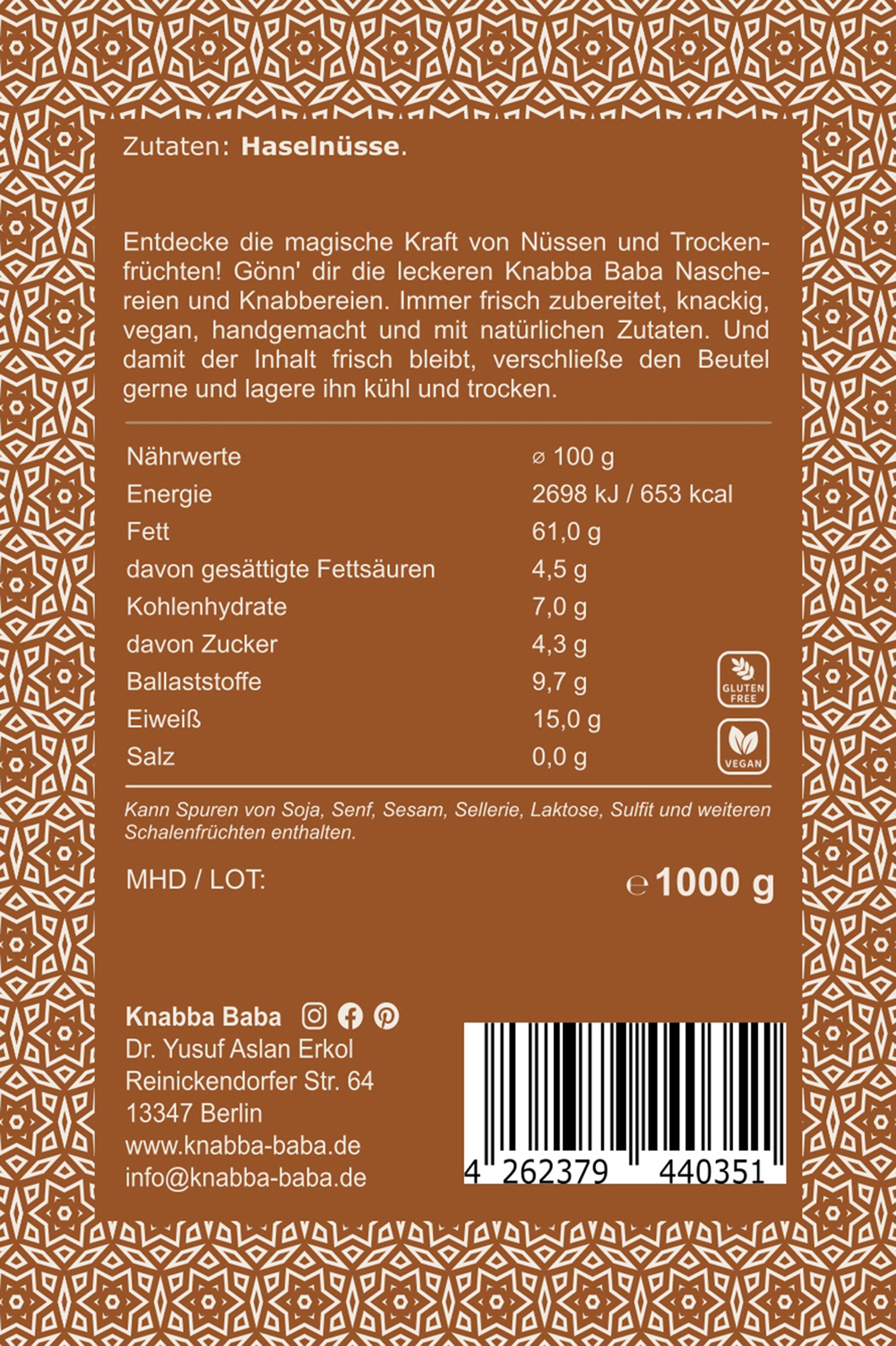 Rückseite der Verpackung von Haselnüsse braun 1000 g mit Inhaltsangaben