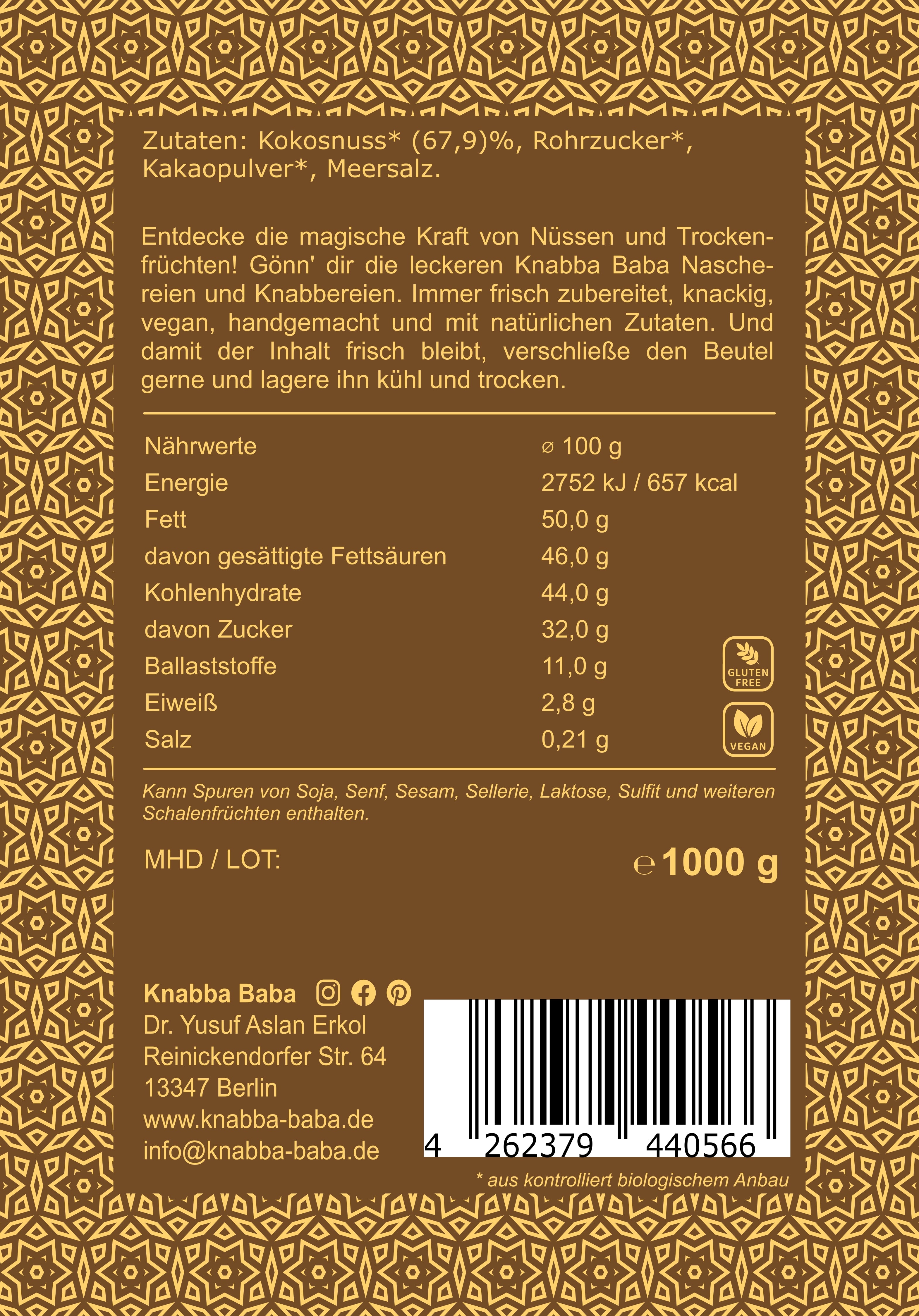Kokoschips Kakao 1 kg -Produktbeschreibung, Zutaten, Nährwerttabelle