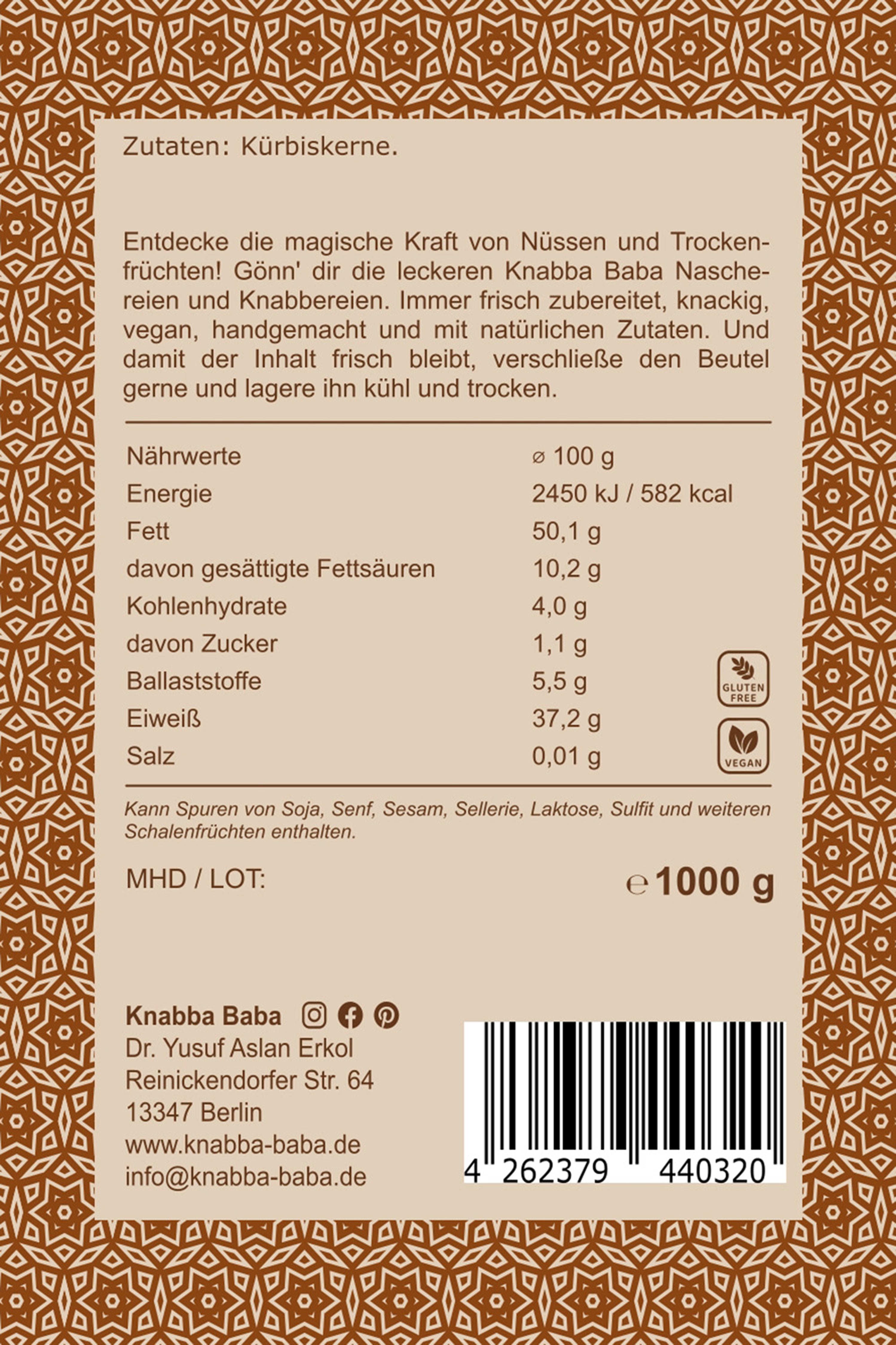 Rückseite der Verpackung von Kürbiskerne 1000 g mit Inhaltsangaben