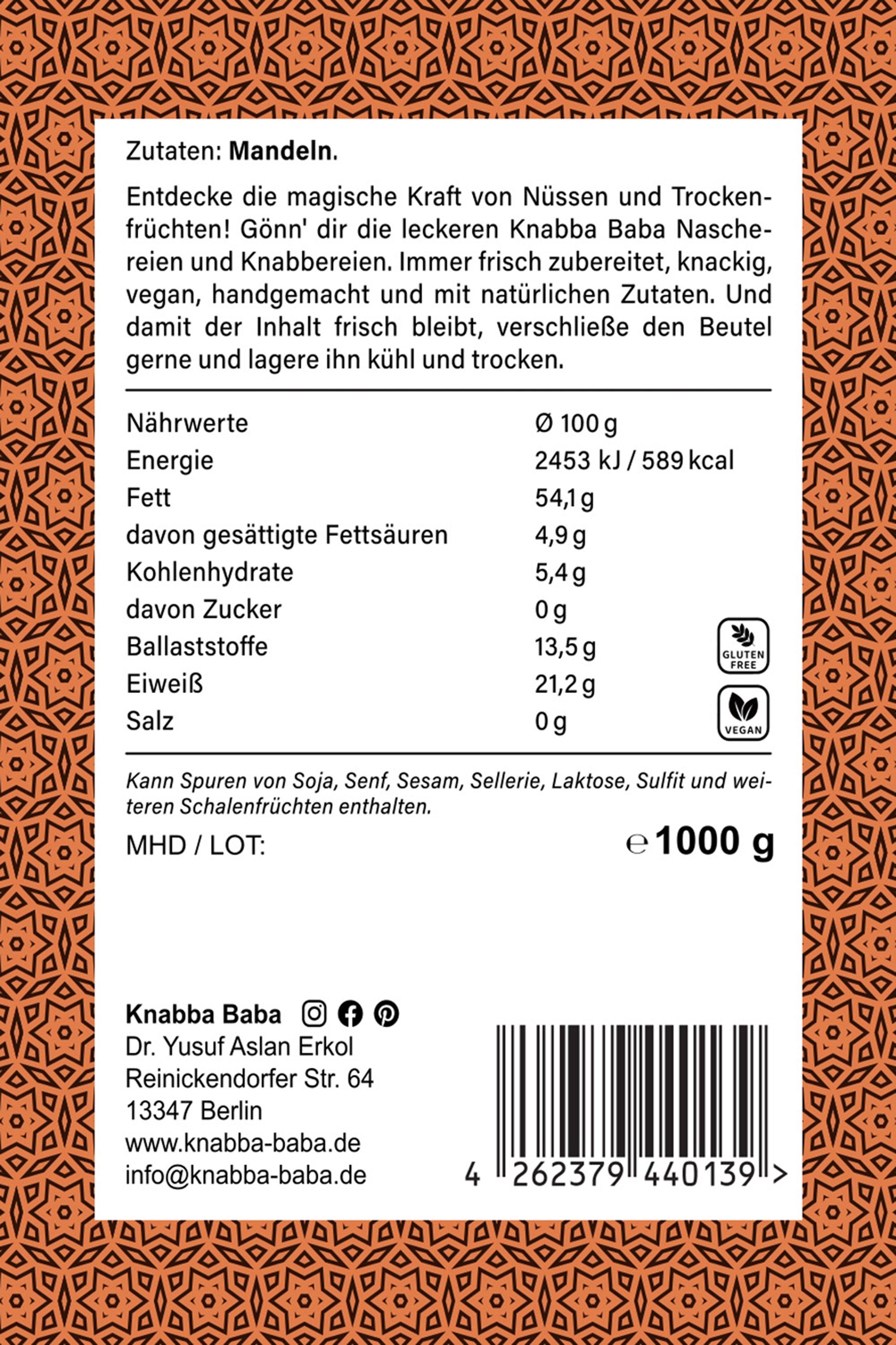 Rückseite der Verpackung von Mandeln geröstet ohne Salz 1000 g mit Inhaltsangaben
