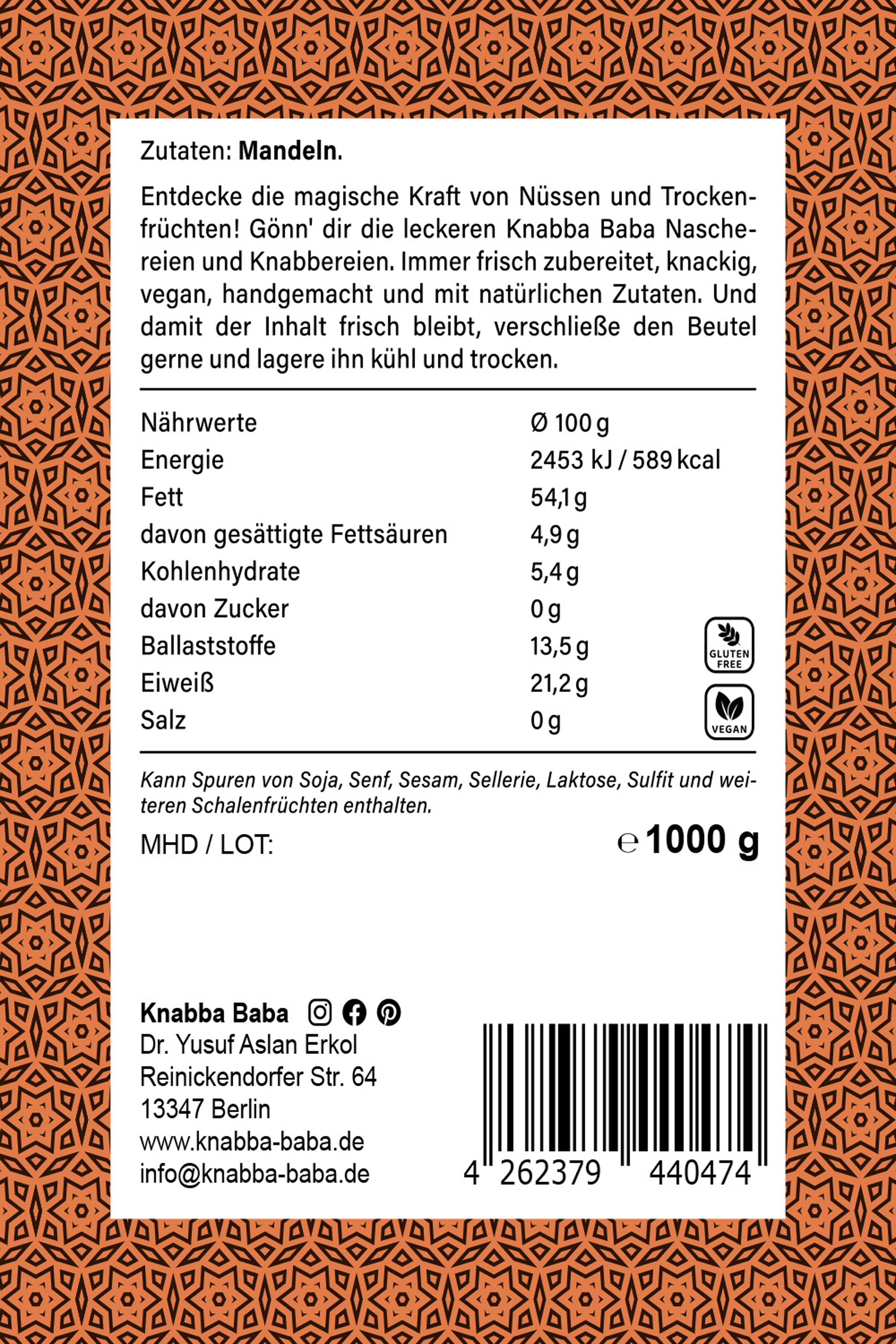 Rückseite der Verpackung von Mandeln natur pur 1000 g mit Inhaltsangaben