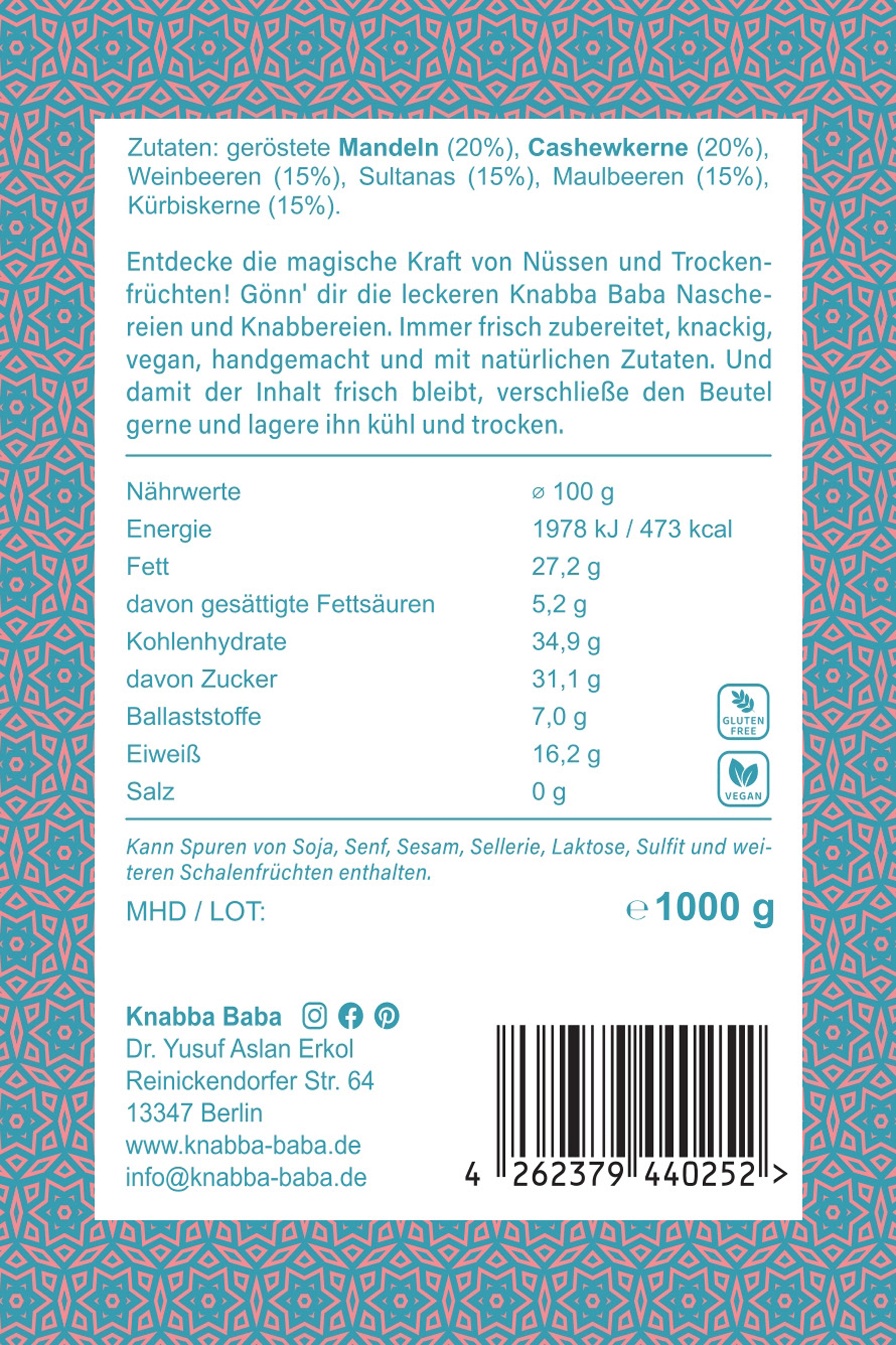 Rückseite der Verpackung von Nuss-Frucht-Mix „Brain Food“ 1000 g mit Inhaltsangaben