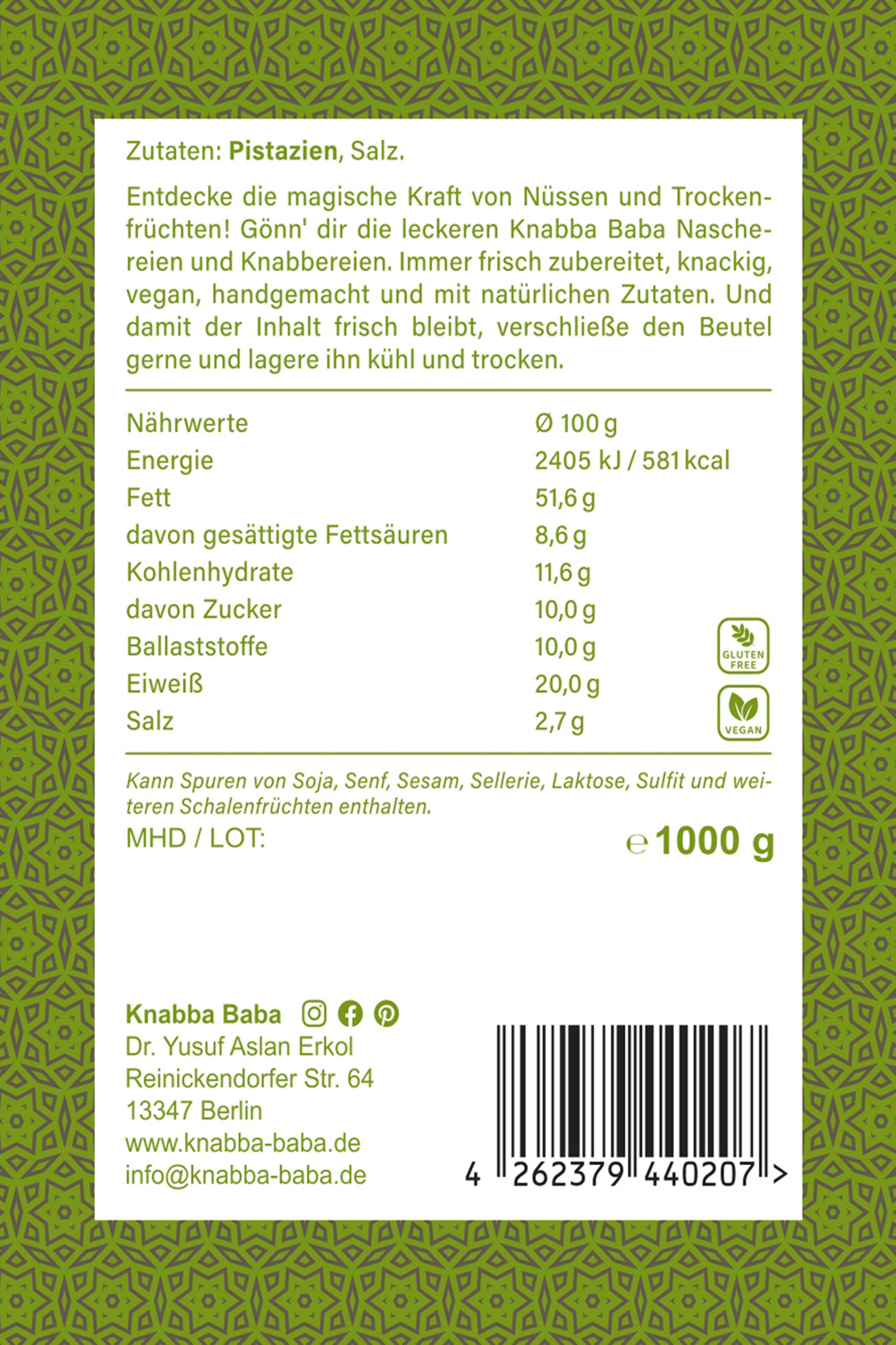 Rückseite der Verpackung von Pistazien in Schale - geröstet & gesalzen 1000 g mit Inhaltsangaben