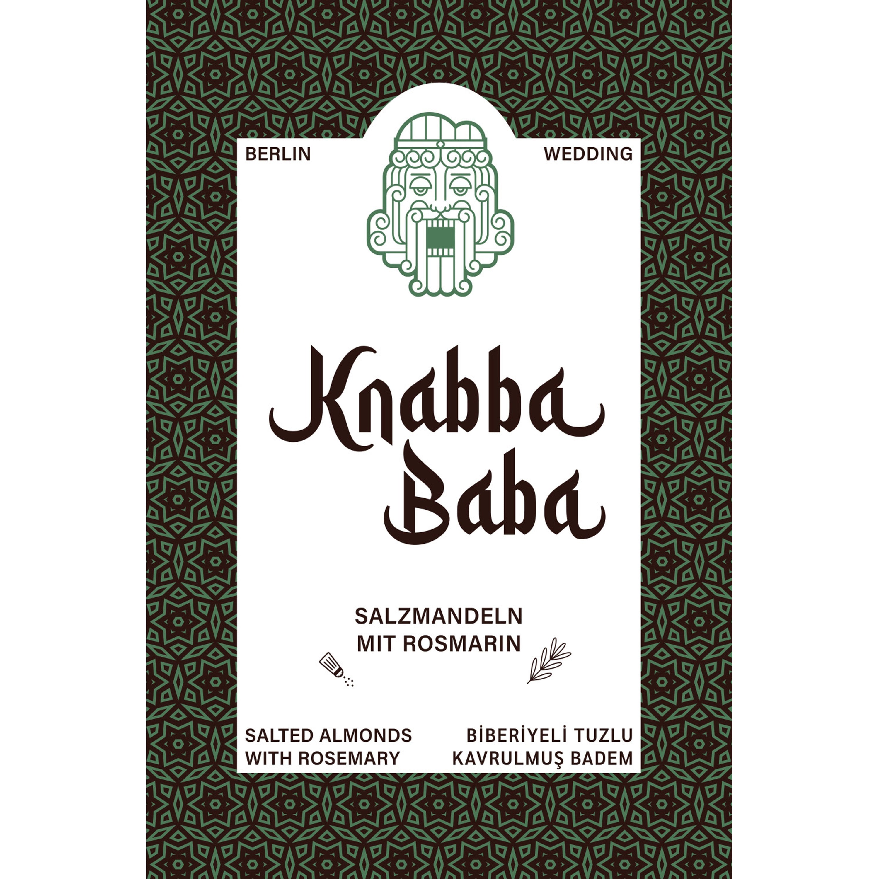 Produktetikett für Knabba Baba Salzmandeln mit Rosmarin 1000 g
