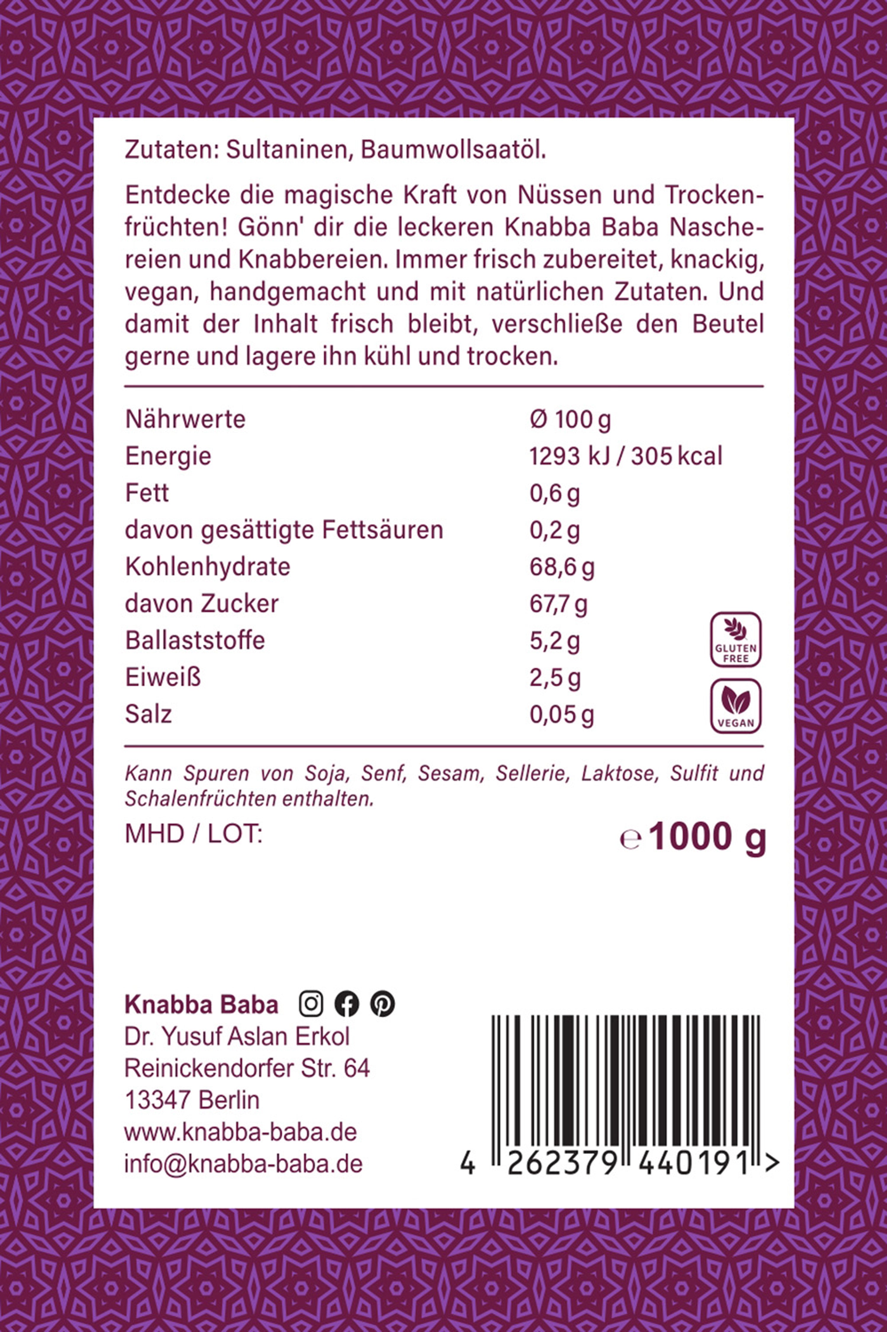 Rückseite der Verpackung von Sultanas und Rosinen 1000 g mit Inhaltsangaben