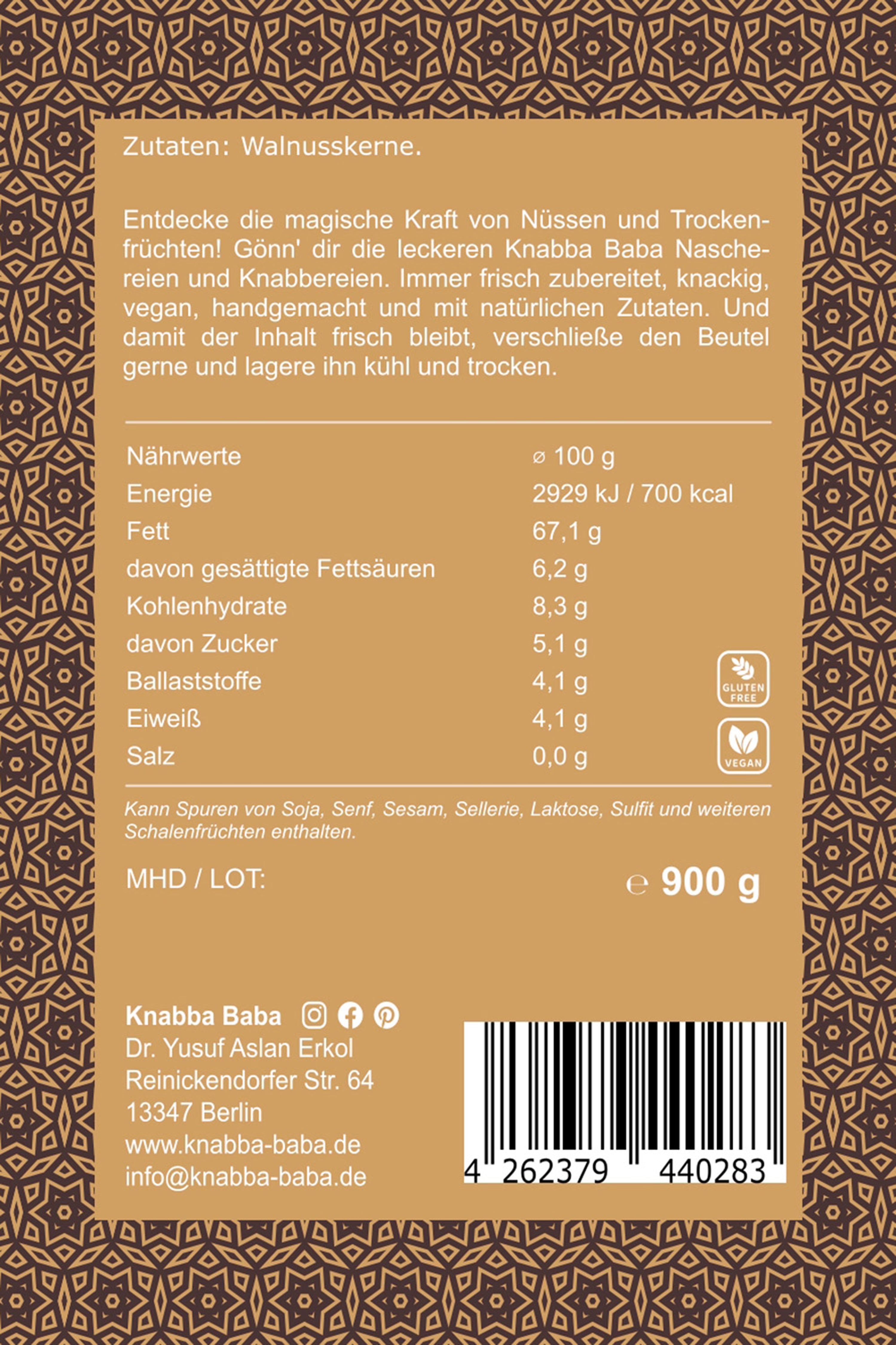 Rückseite der Verpackung von Walnüsse 900 g mit Inhaltsangaben