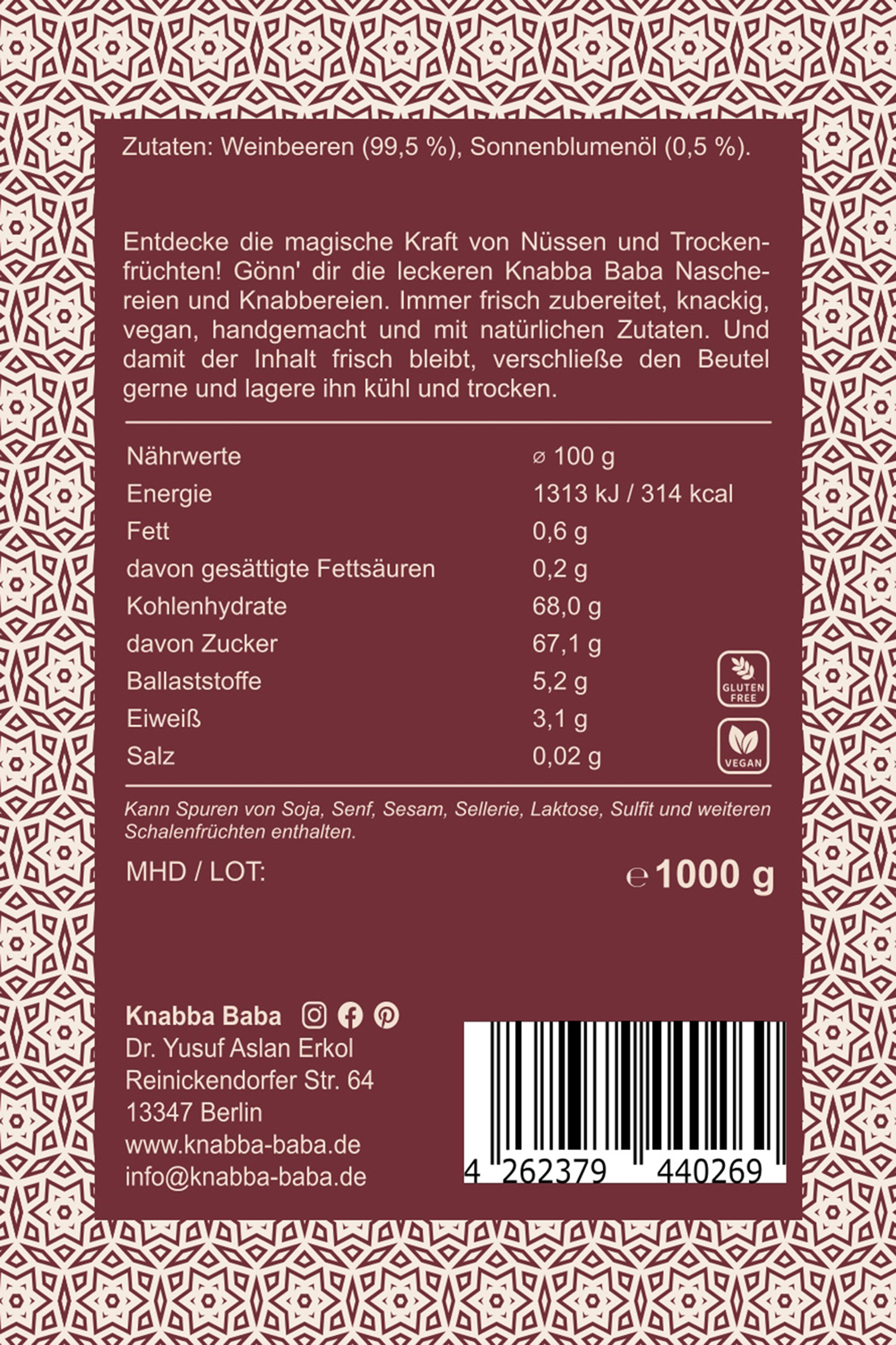 Rückseite der Verpackung von Weinbeeren 1000 g mit Inhaltsangaben