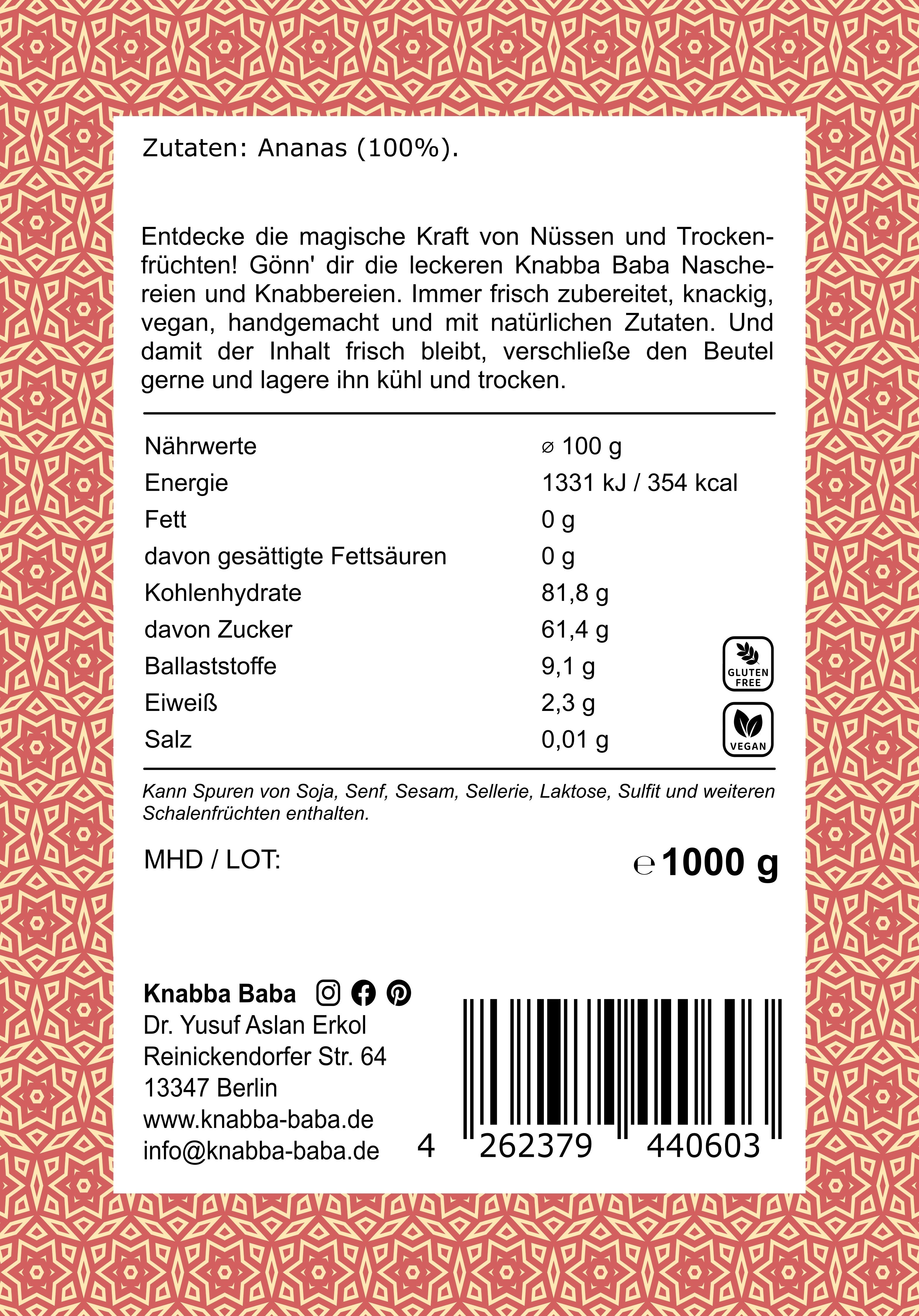 Knabba Baba Ananasringe ohne Zucker Produktetikett hinten mit Nährwertangaben und Zutaten