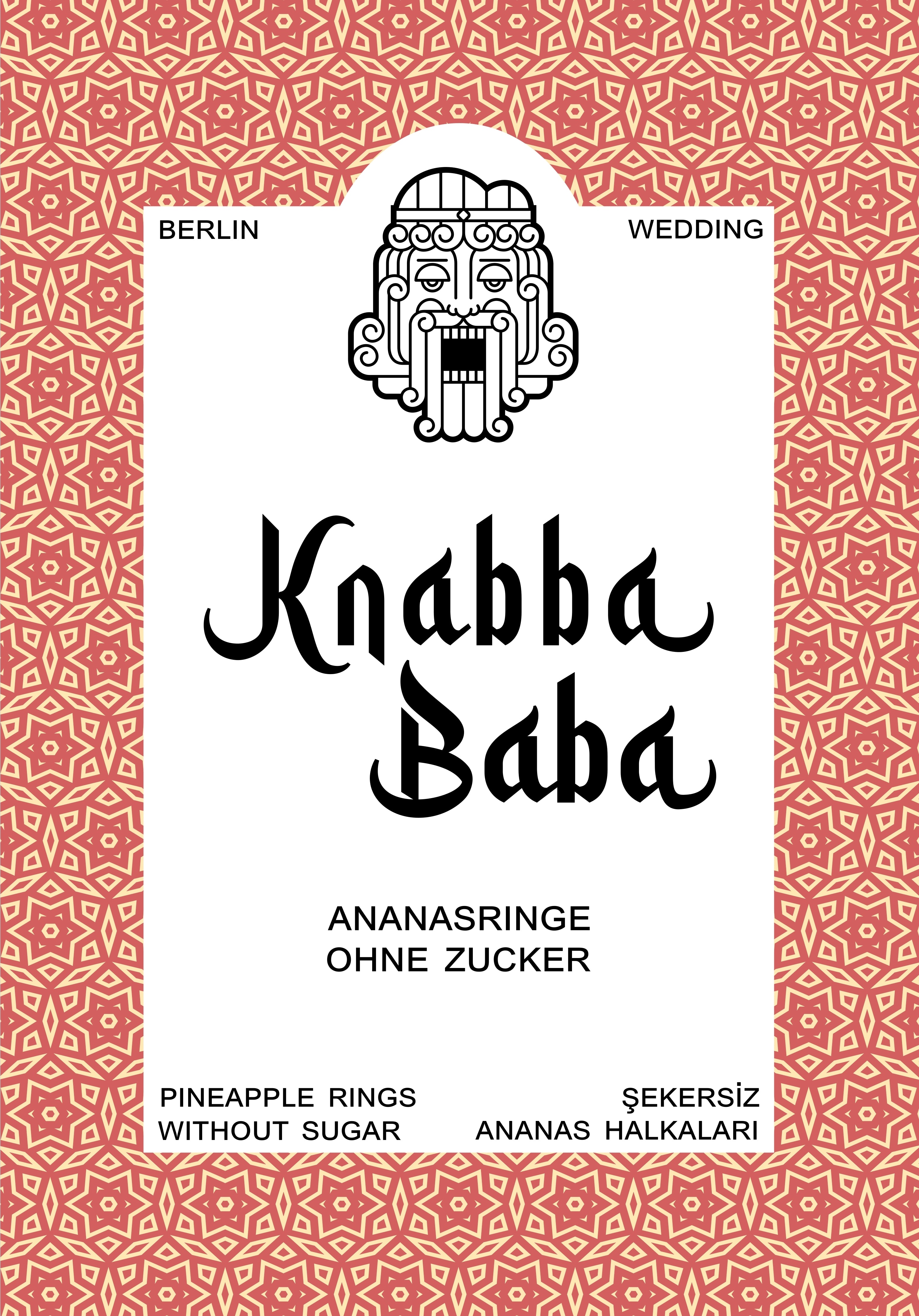 Knabba Baba Ananasringe ohne Zucker Produktetikett vorne in dekorativem Muster 