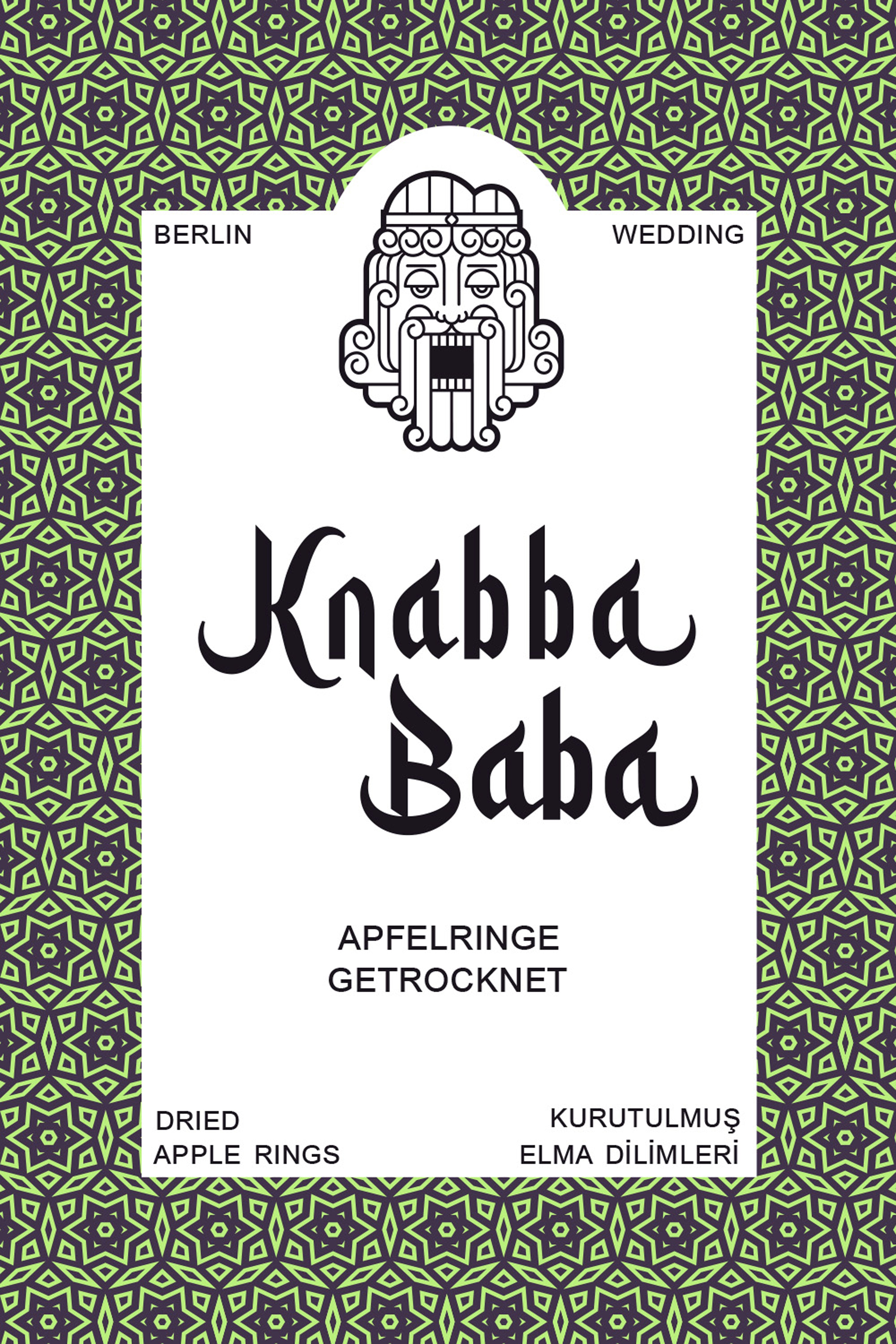 Knabba Baba Vorderseite der Verpackung von getrocknete Apfelringe 500 g 