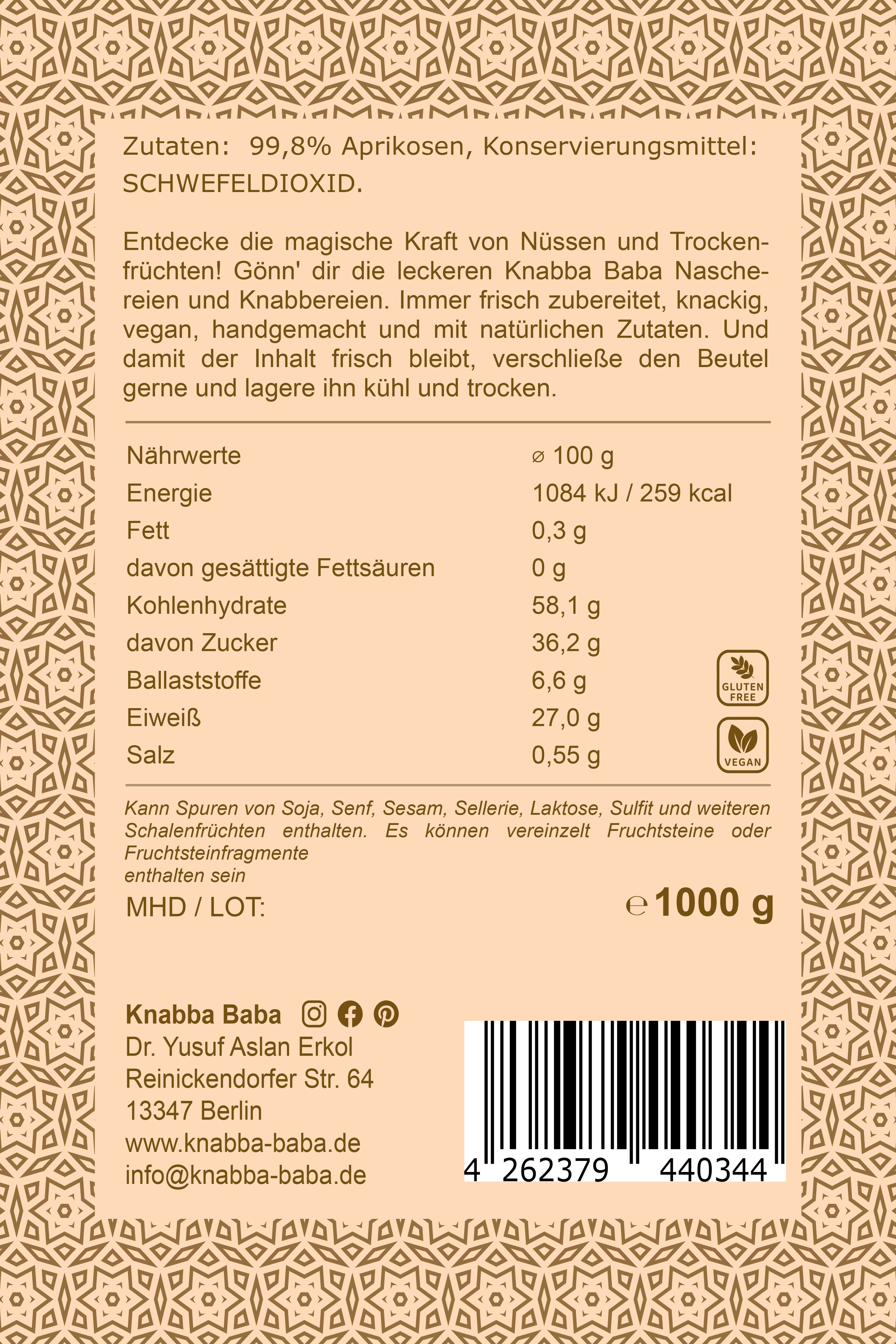 Rückseite der Verpackung von getrocknete Aprikosen 1000 g mit Inhaltsangaben