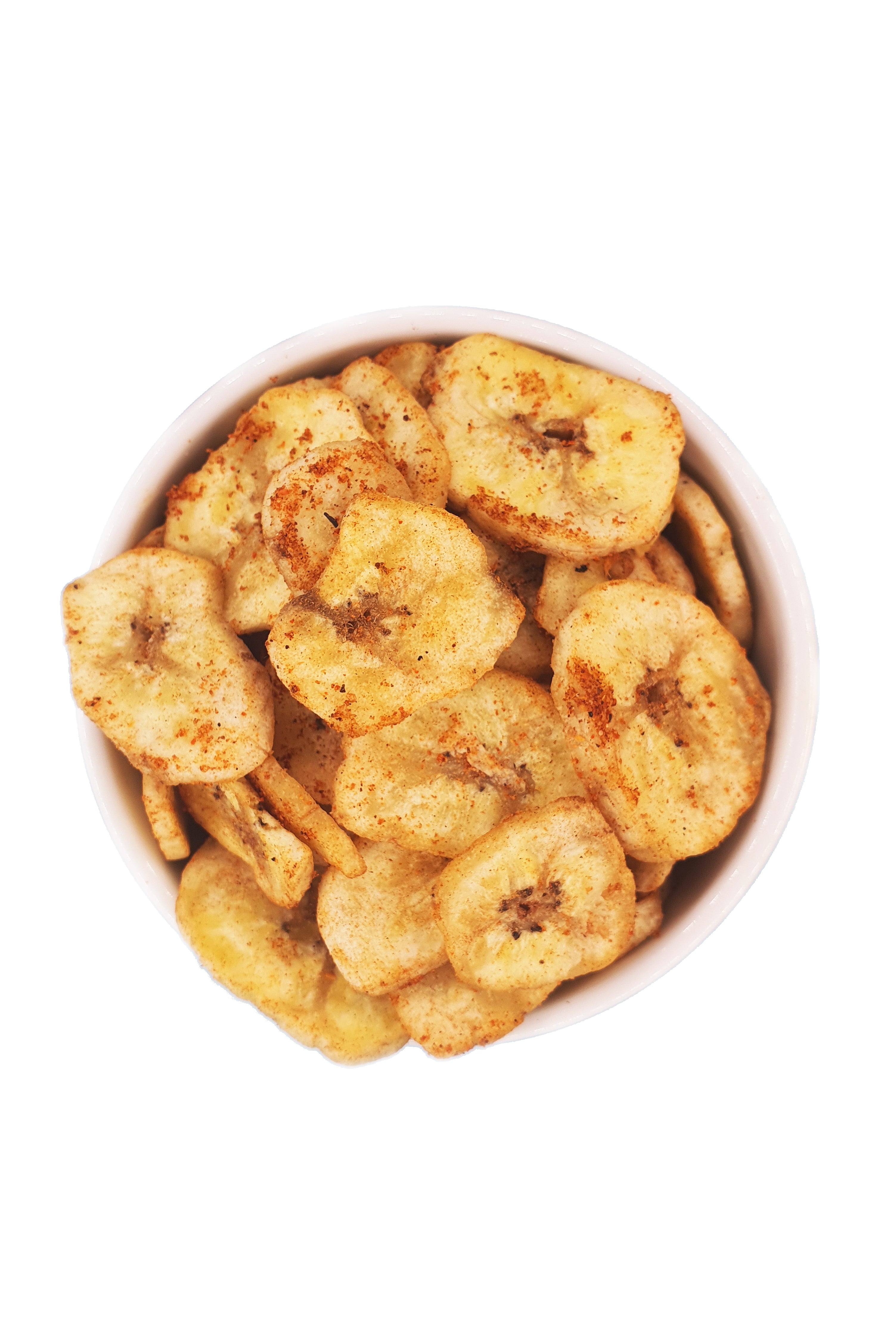 Knabba Baba getrocknete Bananenchips mit Chili in weißer Schale als gesunder Snack