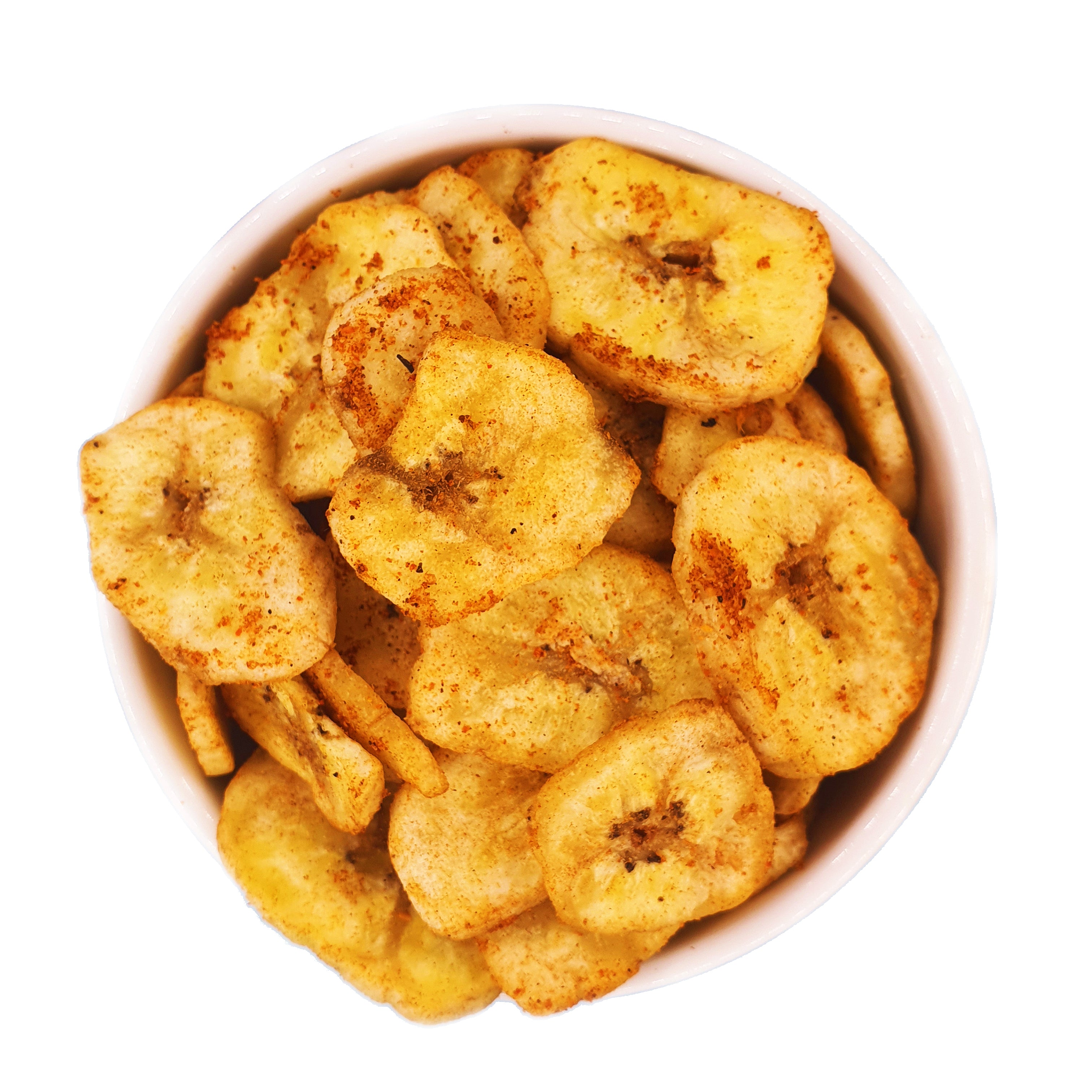 Knabba Baba getrocknete Bananenchips mit Chili in weißer Schale als gesunder Snack