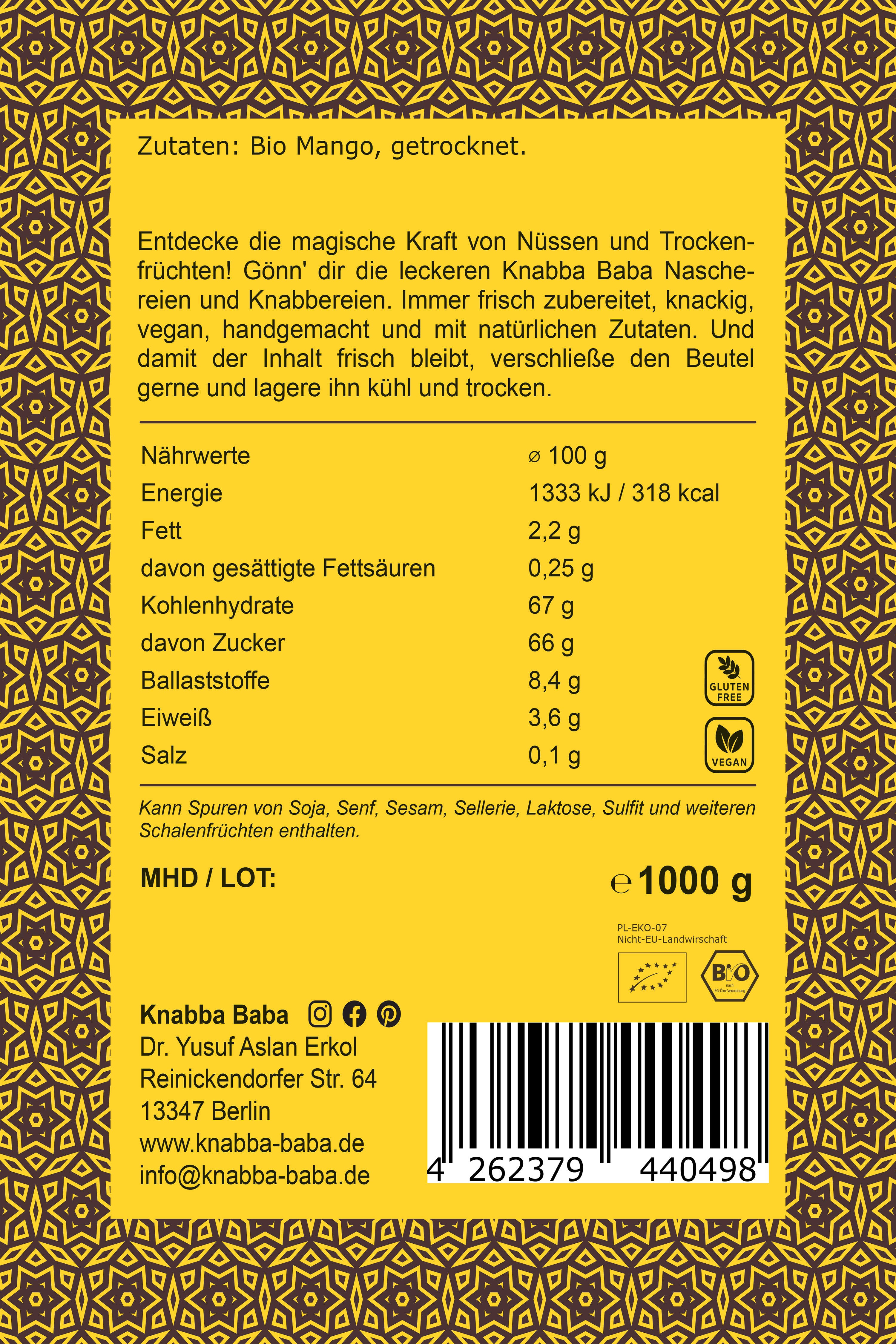 Knabba Baba Rückseite der Verpackung von Bio-Mangostreifen 1000 g mit Inhaltsangaben