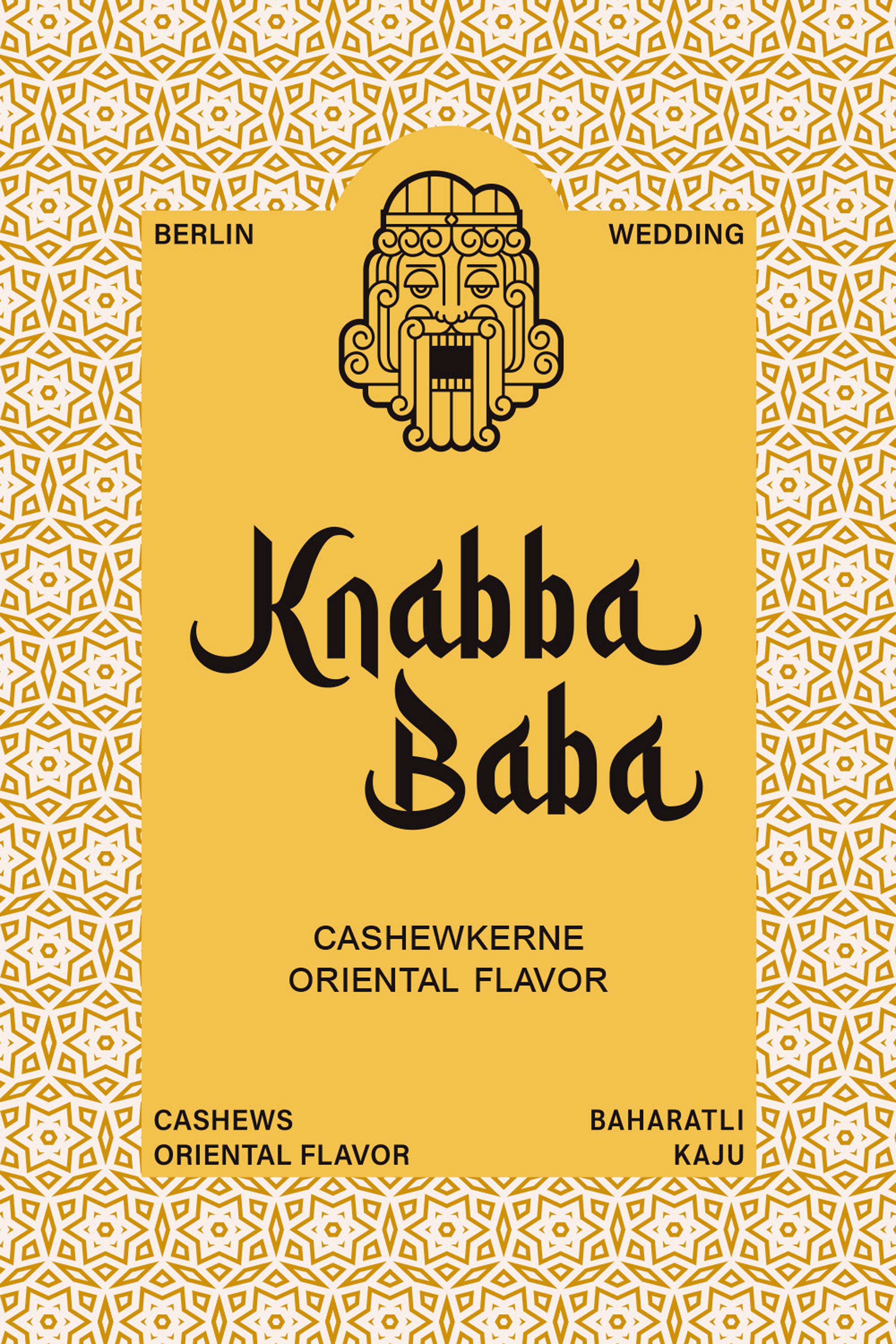 Knabba Baba Produktetikett für Knabba Baba Cashewkerne Curry Oriental Flavor 1000 g