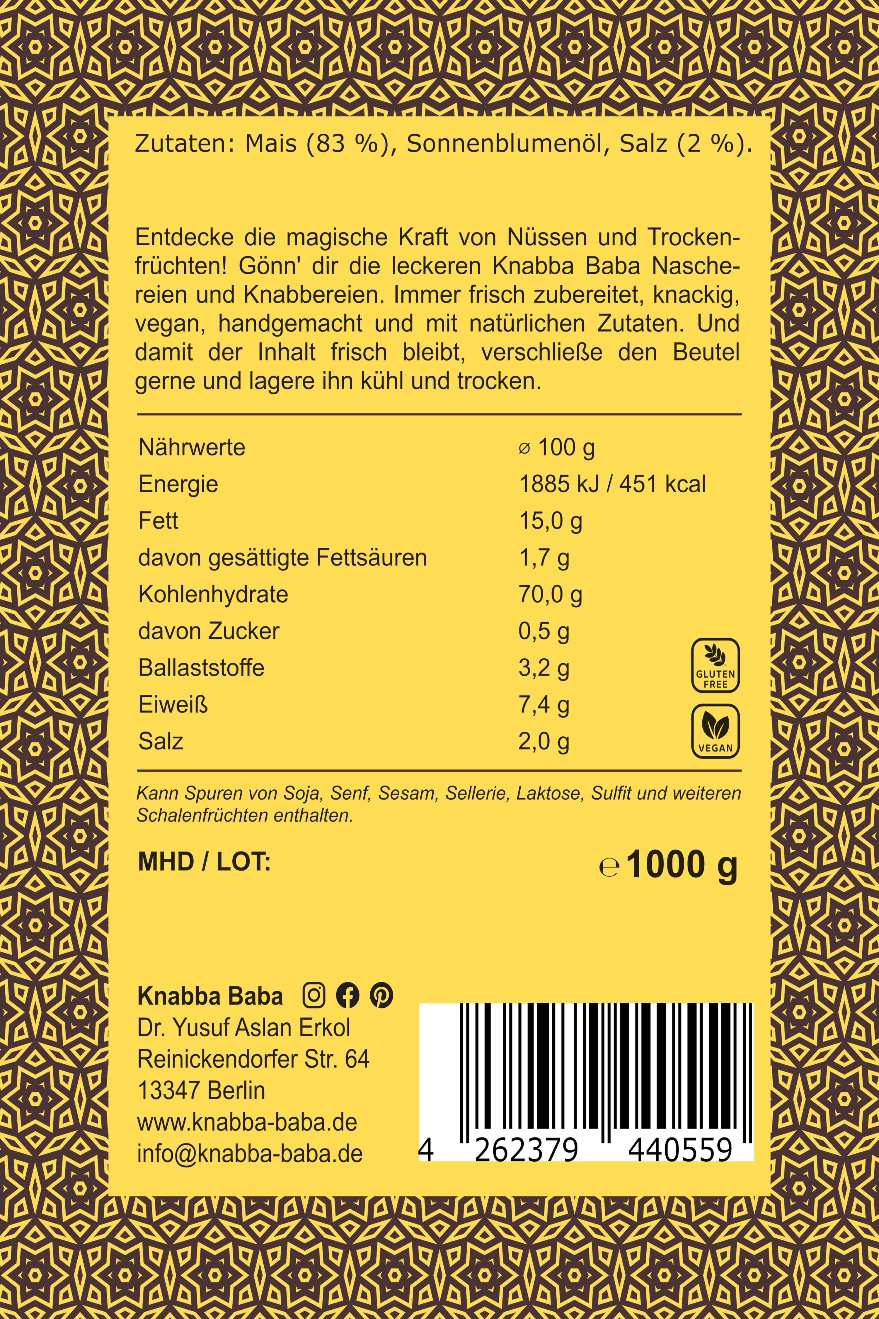 geröstete Maiskörner mit Salz 1 kg Produktbeschreibung mit Zutaten