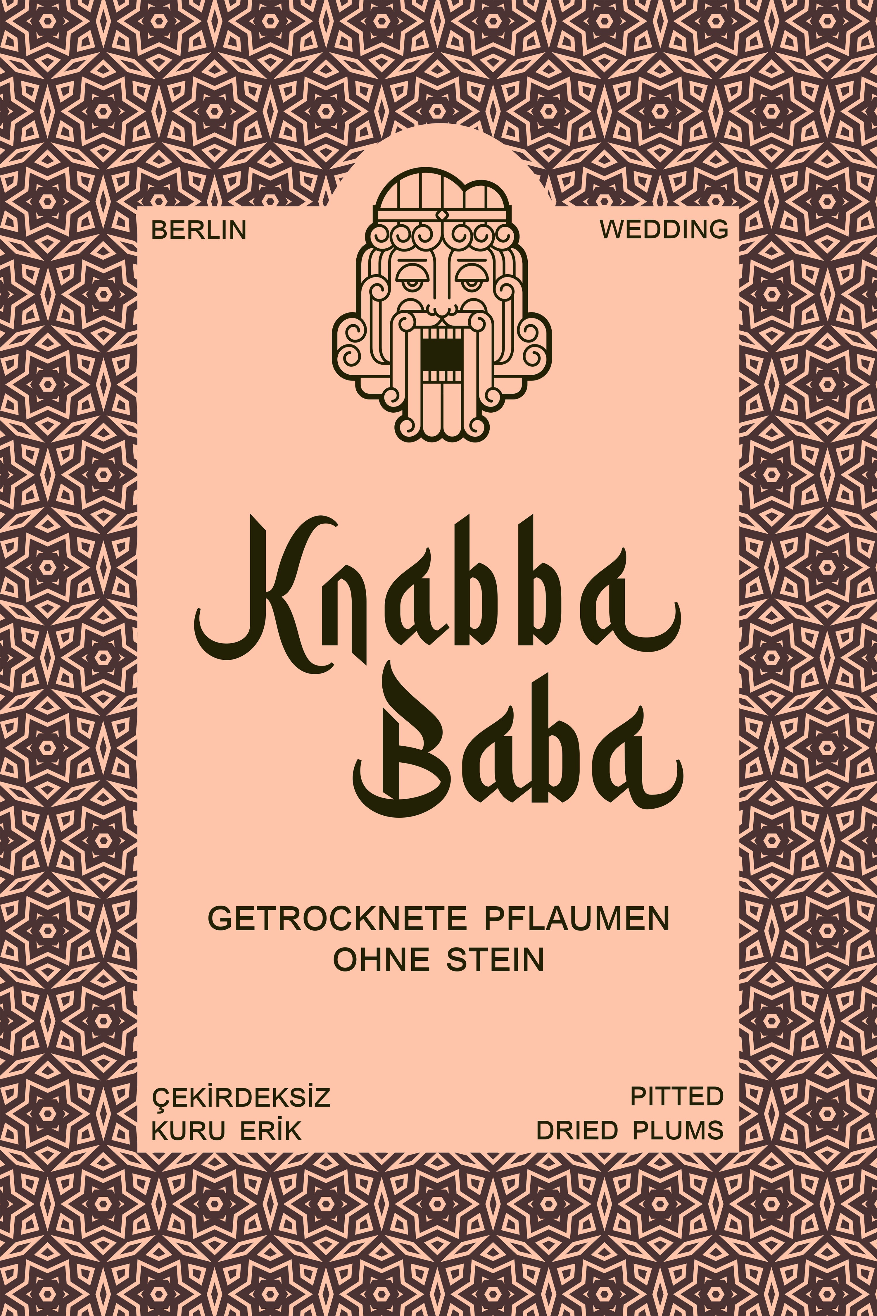 Produktetikett für Knabba Baba 
 Getrocknete und entsteinte Pflaumen 1 kg 