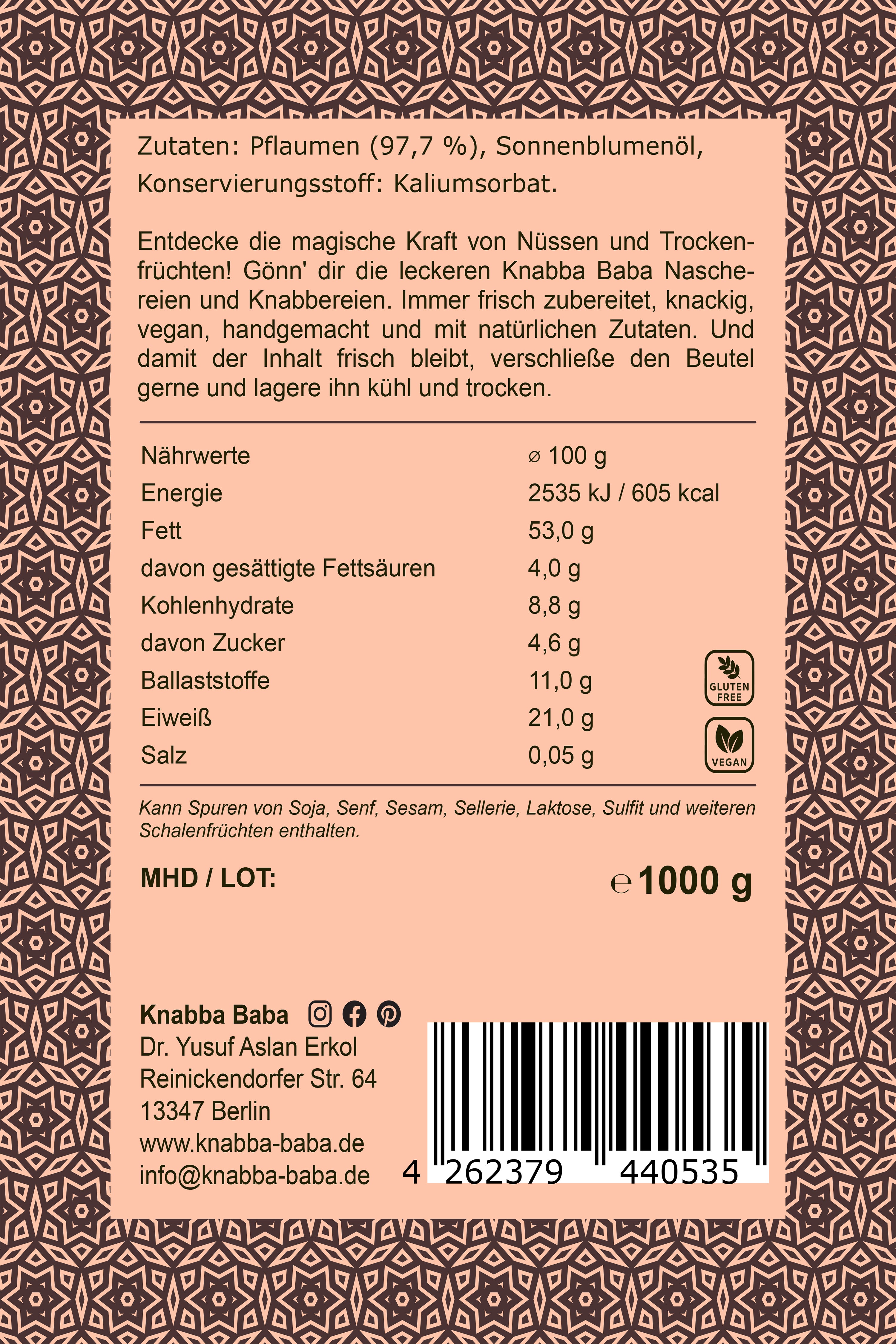 Rückseite der Verpackung von getrocknete Pflaumen 1000 g mit Inhaltsangaben