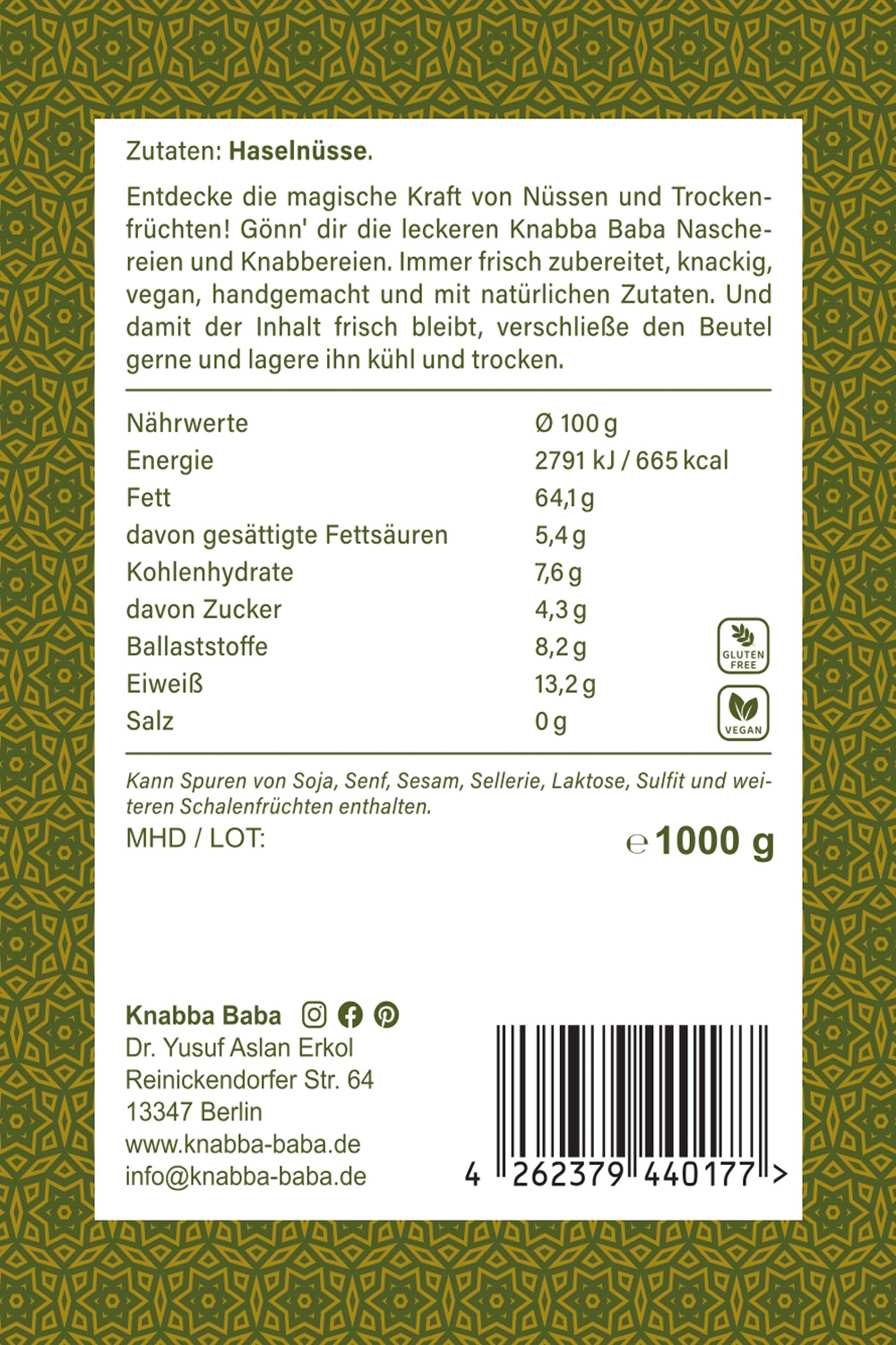 Knabba Baba Rückseite der Verpackung von Haselnüsse blanchiert & geröstet 1000 g mit Inhaltsangaben