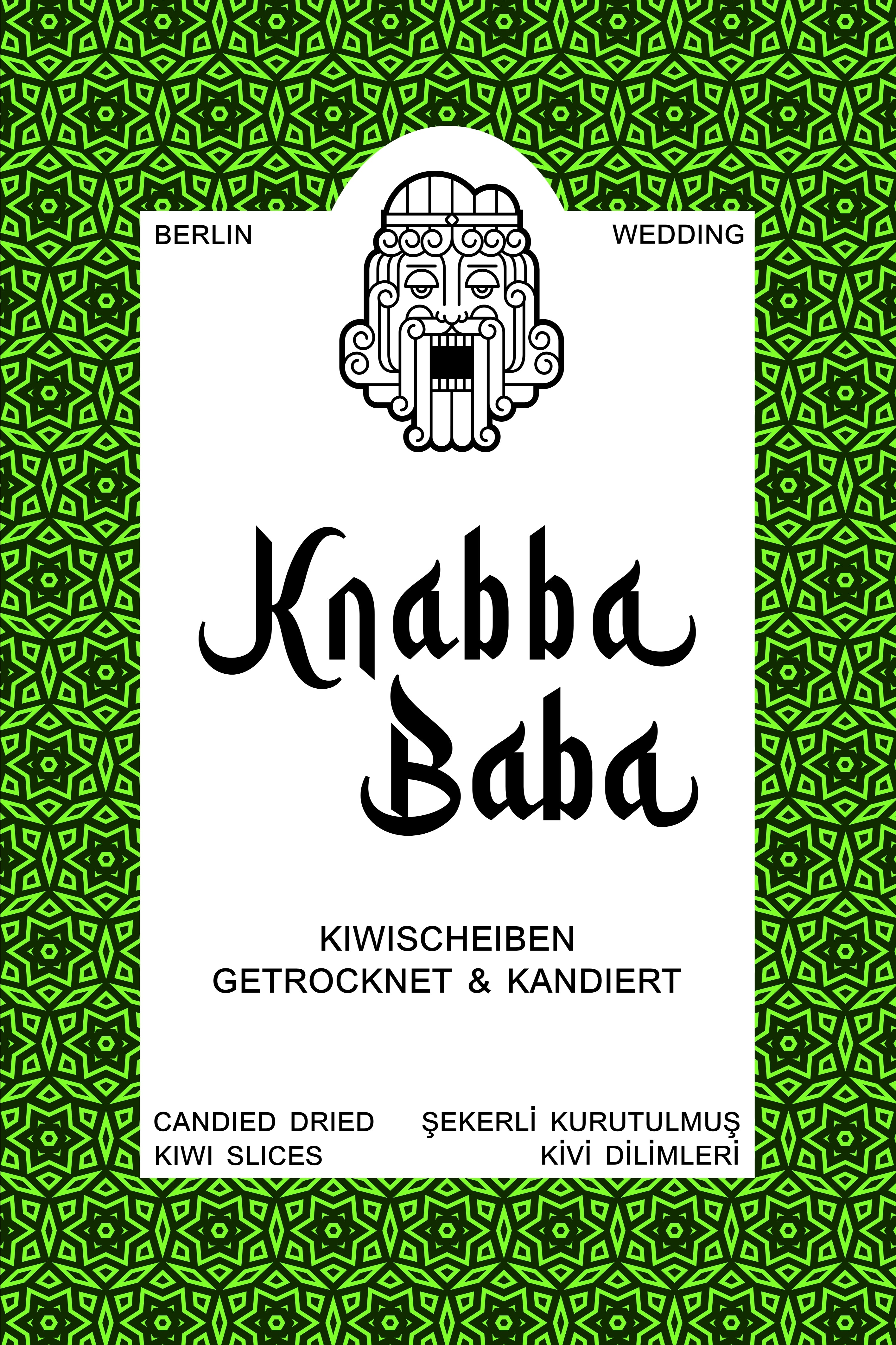 Knabba Baba getrocknete und kandierte Kiwischeiben Verpackung vorderseite mit grünem Musterdesign