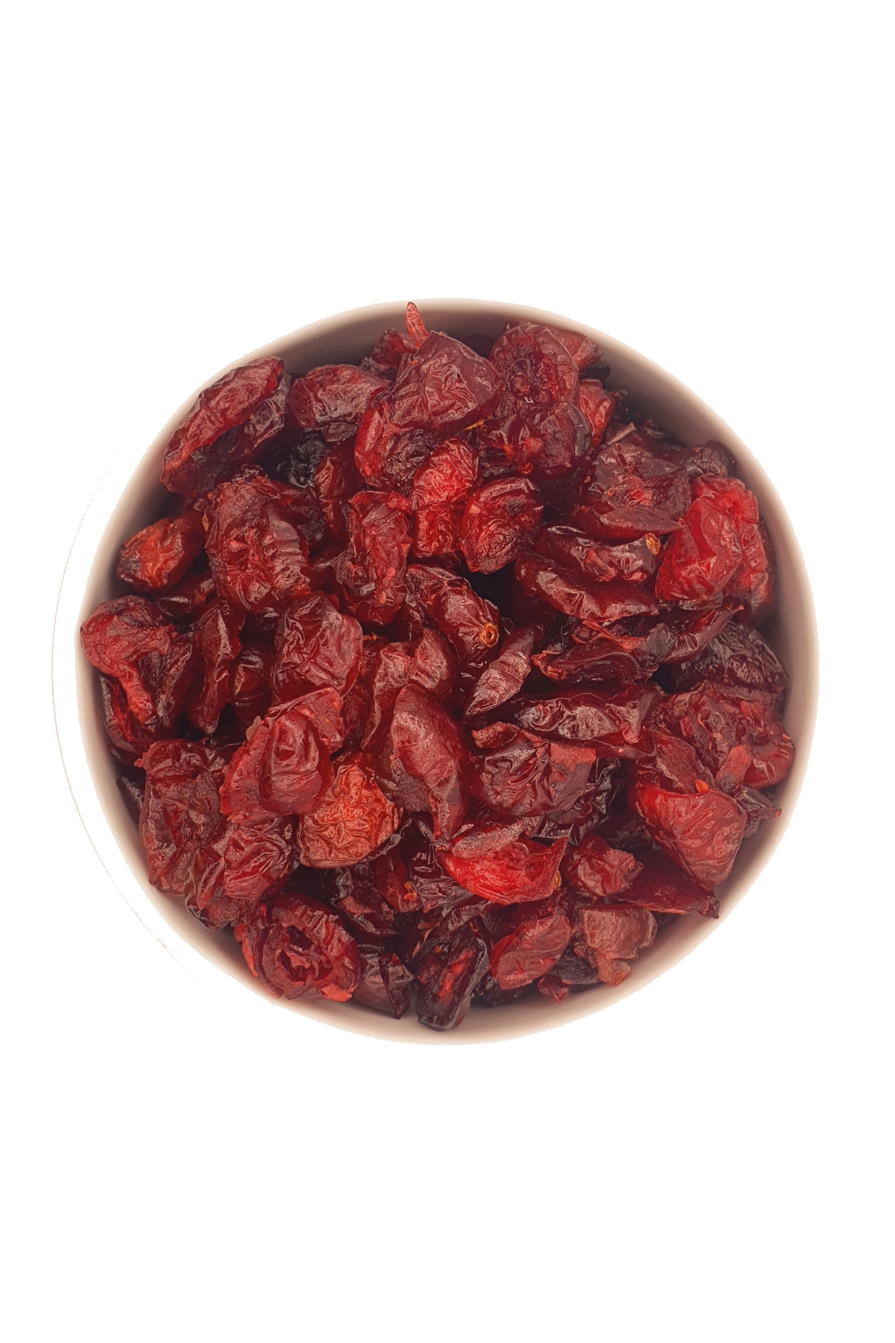 Knabba Baba Trockenfrüchte Cranberries in weißer Schale nahaufnahme
