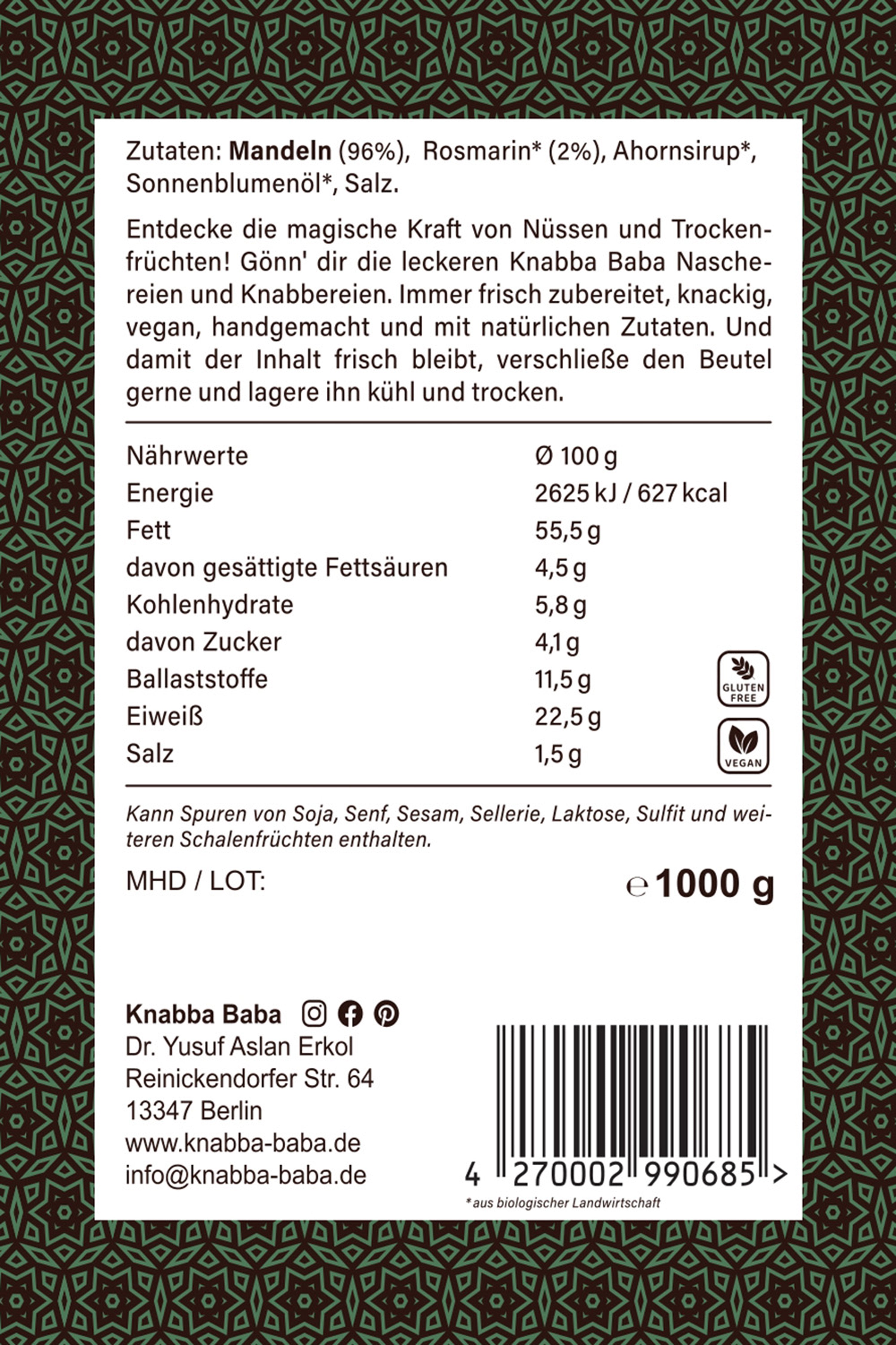 Rückseite der Verpackung von Salzmandeln mit Rosmarin 1000 g mit Inhaltsangaben