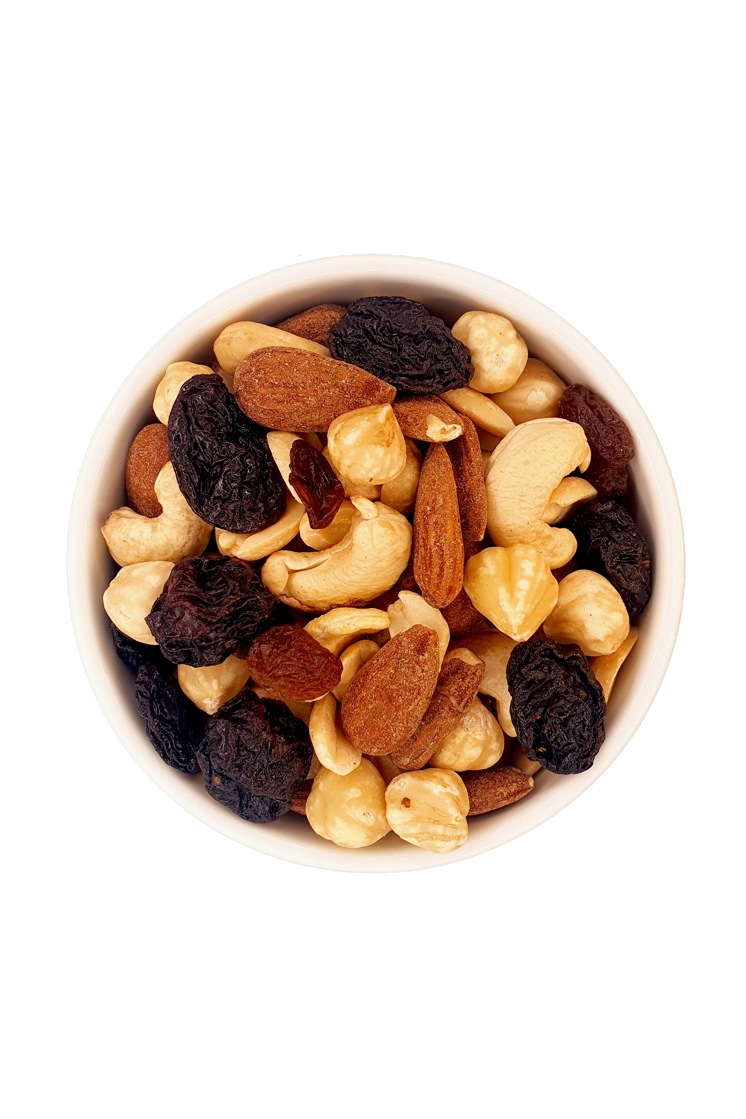 Knabba Baba Nussmischung mit Cashewnüssen, Mandeln, Haselnüssen und getrockneten Früchten in weißer Schale