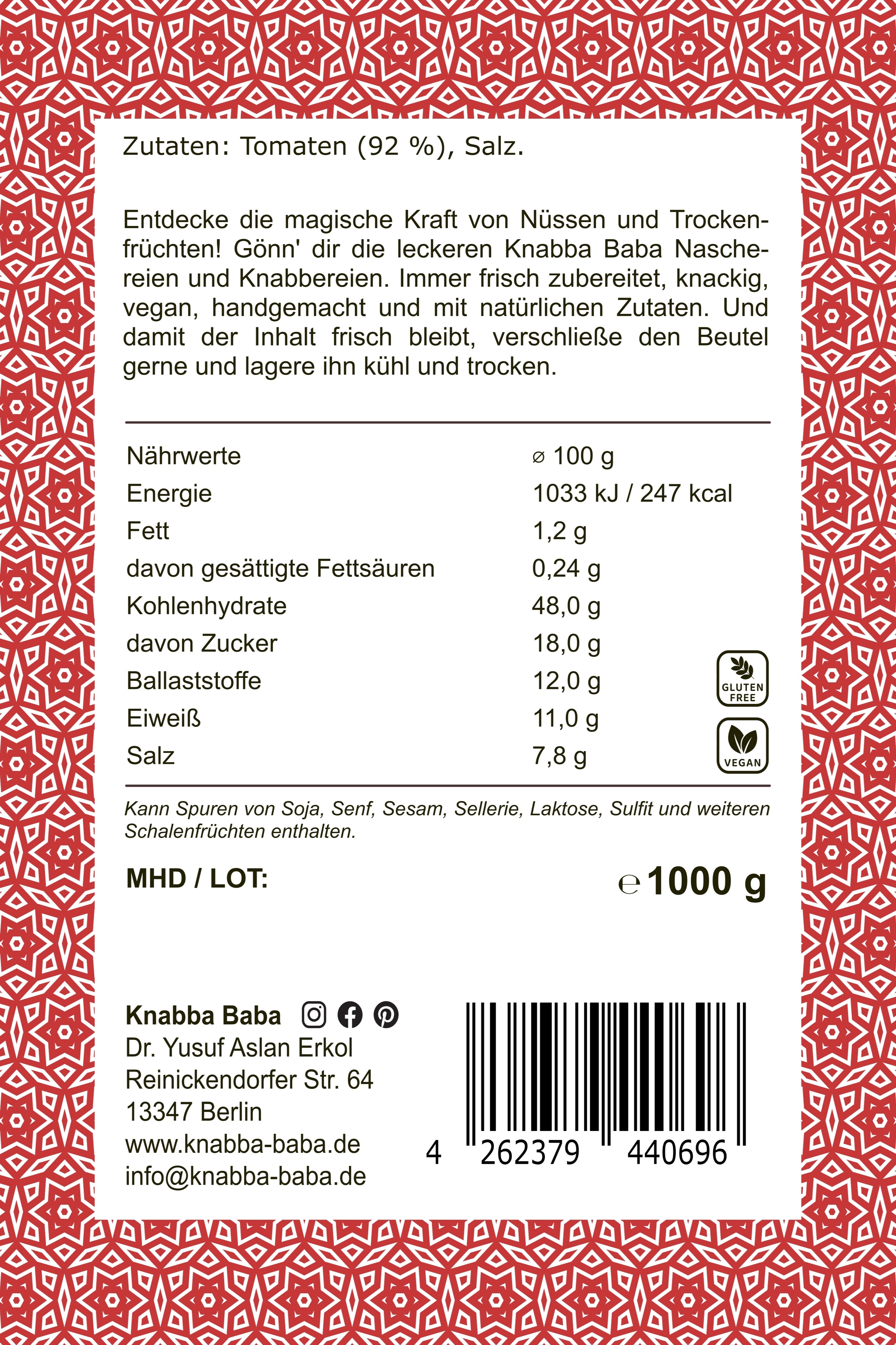 Knabba Baba Produktetikett hinten für Getrocknete Tomaten 1000 g mit Nährwertangaben