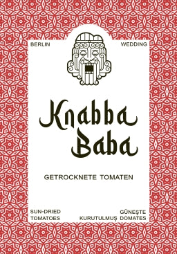 Knabba Baba Produktetikett vorne für Getrocknete Tomaten 1000 g