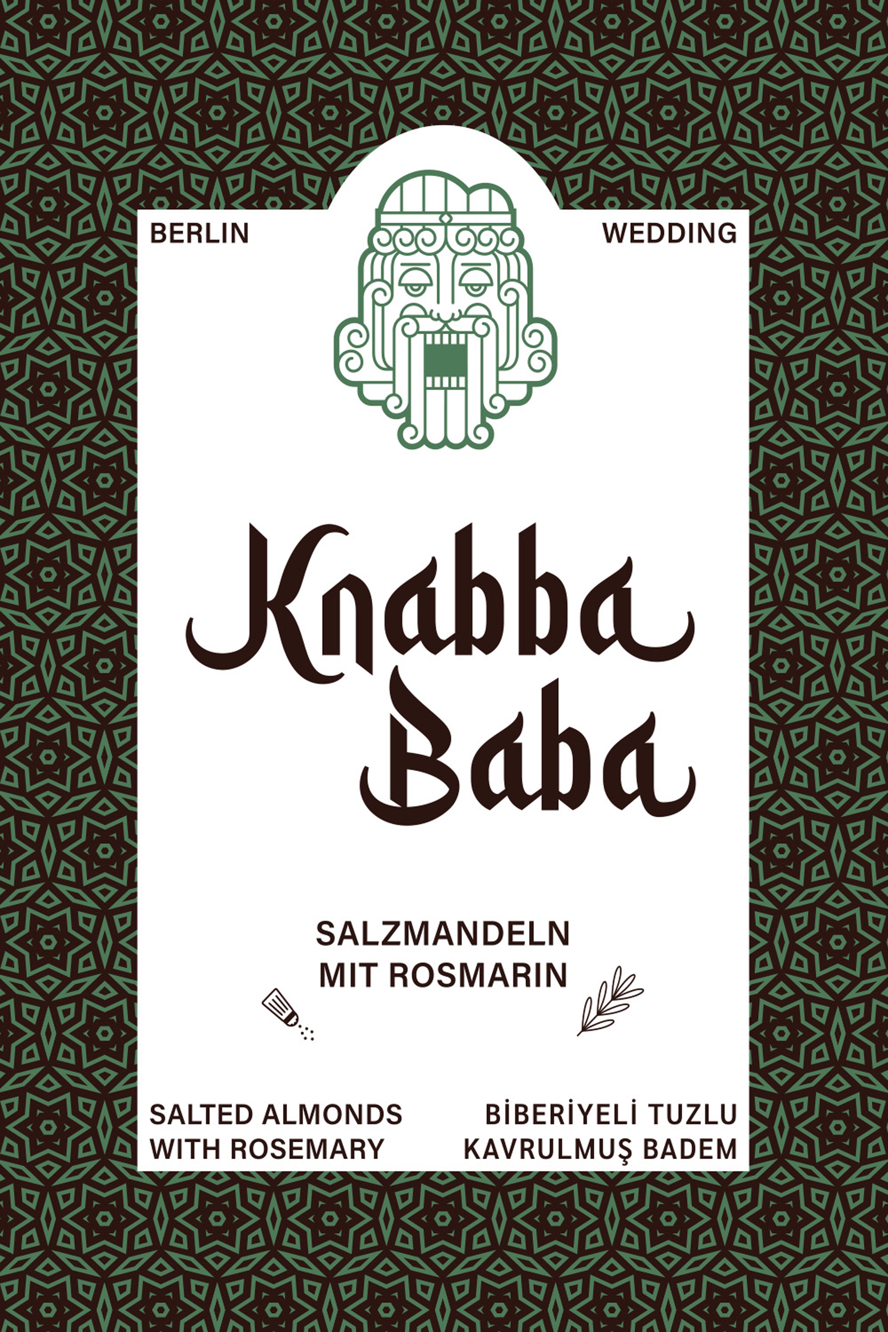 Produktetikett für Knabba Baba Salzmandeln mit Rosmarin 1000 g