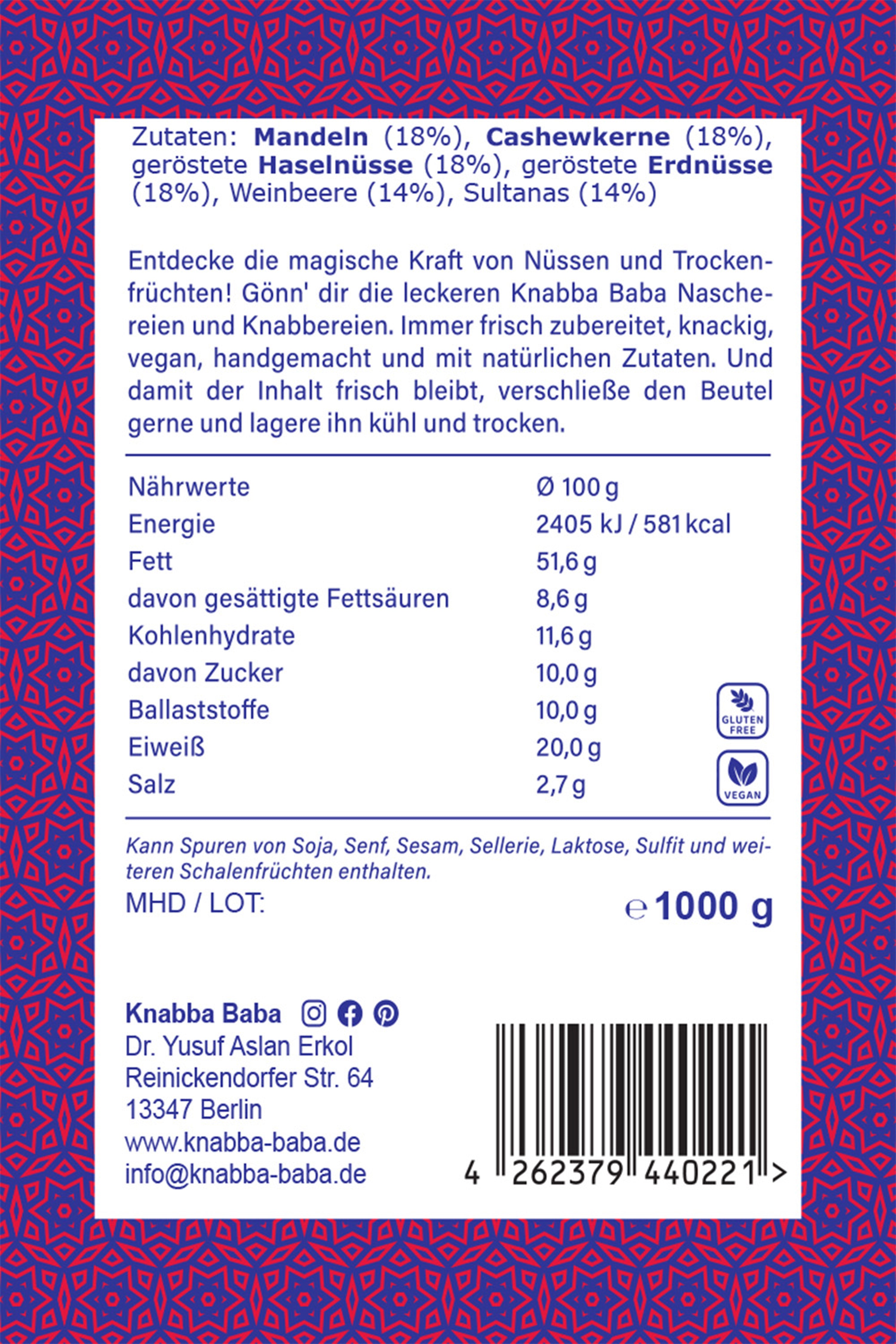 Knabba Baba Nussmischungen mit Mandeln Cashewkernen Haselnüssen Erdnüssen Weinbeeren und Sultanas Zutaten 1000g