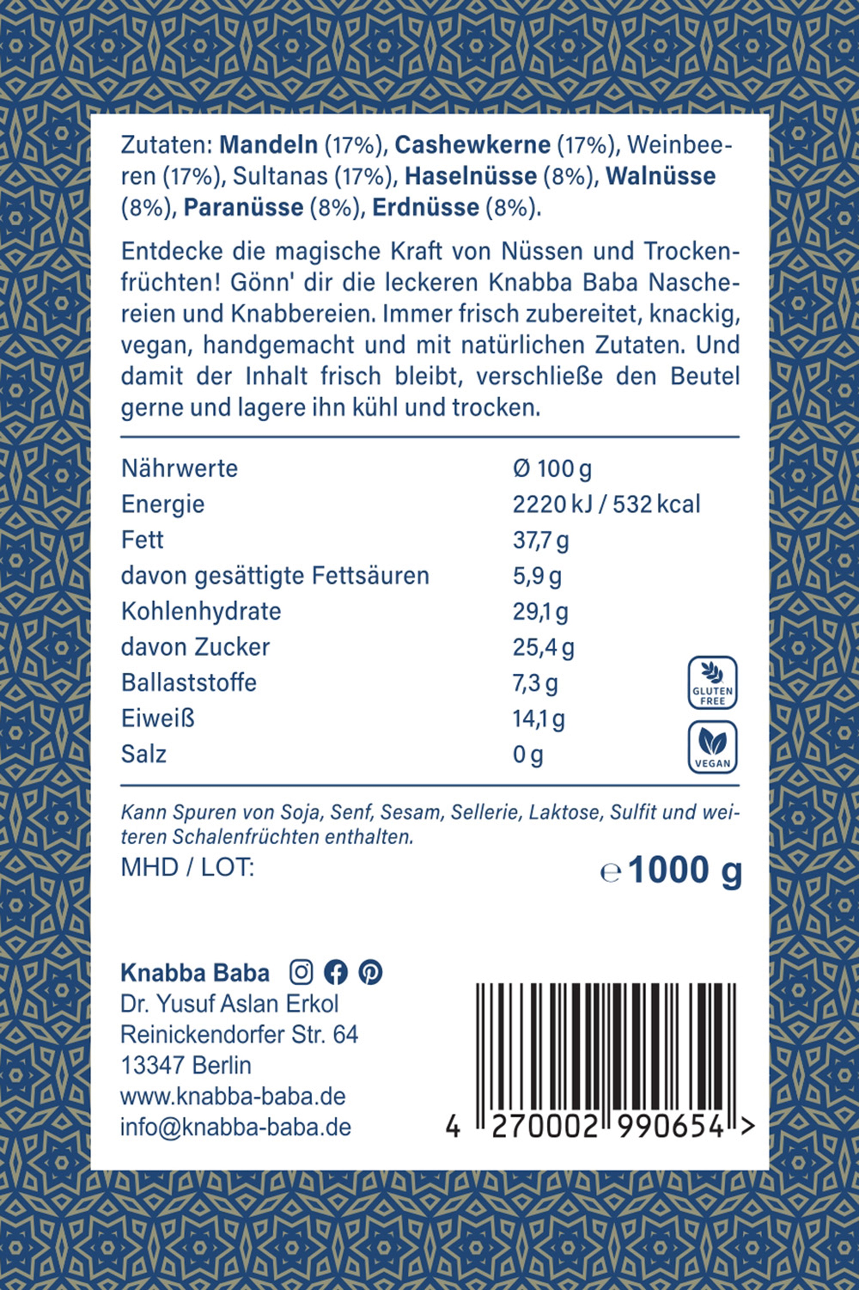 Rückseite der Verpackung von Studentenfutter 1000 g mit Inhaltsangaben von Knabba Baba 